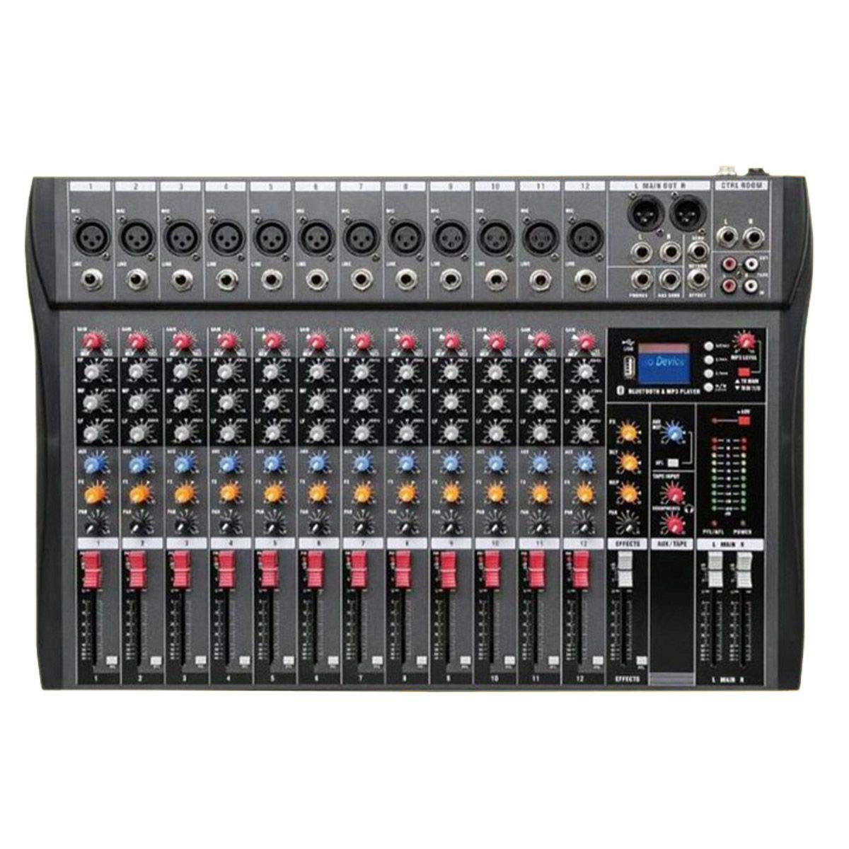Lelong Mesa De Som 12 Canais Com Bluetooth, Delay, USB, MP3, 48V e Display Digital, preto