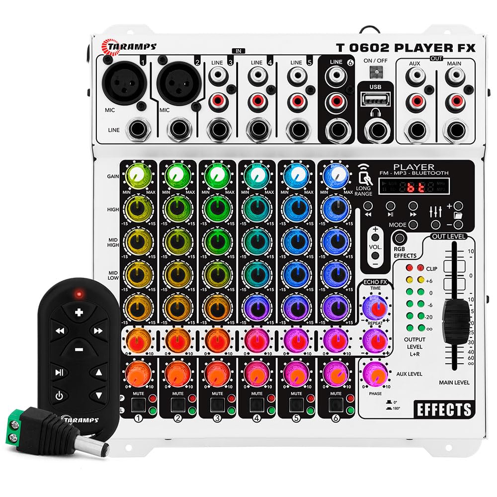 Mesa de Som Taramps T0602, 6 Canais, Equalizador 4 Bandas, Bluetooth, USB, FM, Echo FX, LED RGB, Entradas XLR/P10/RCA