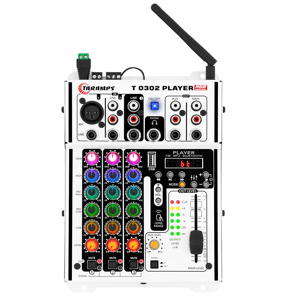 Mesa de Som Taramps T0302 Player, Bluetooth, Equalizador 4 Bandas, MP3, USB, FM, 12V, 3 Entradas, 2 Saídas, LED RGB