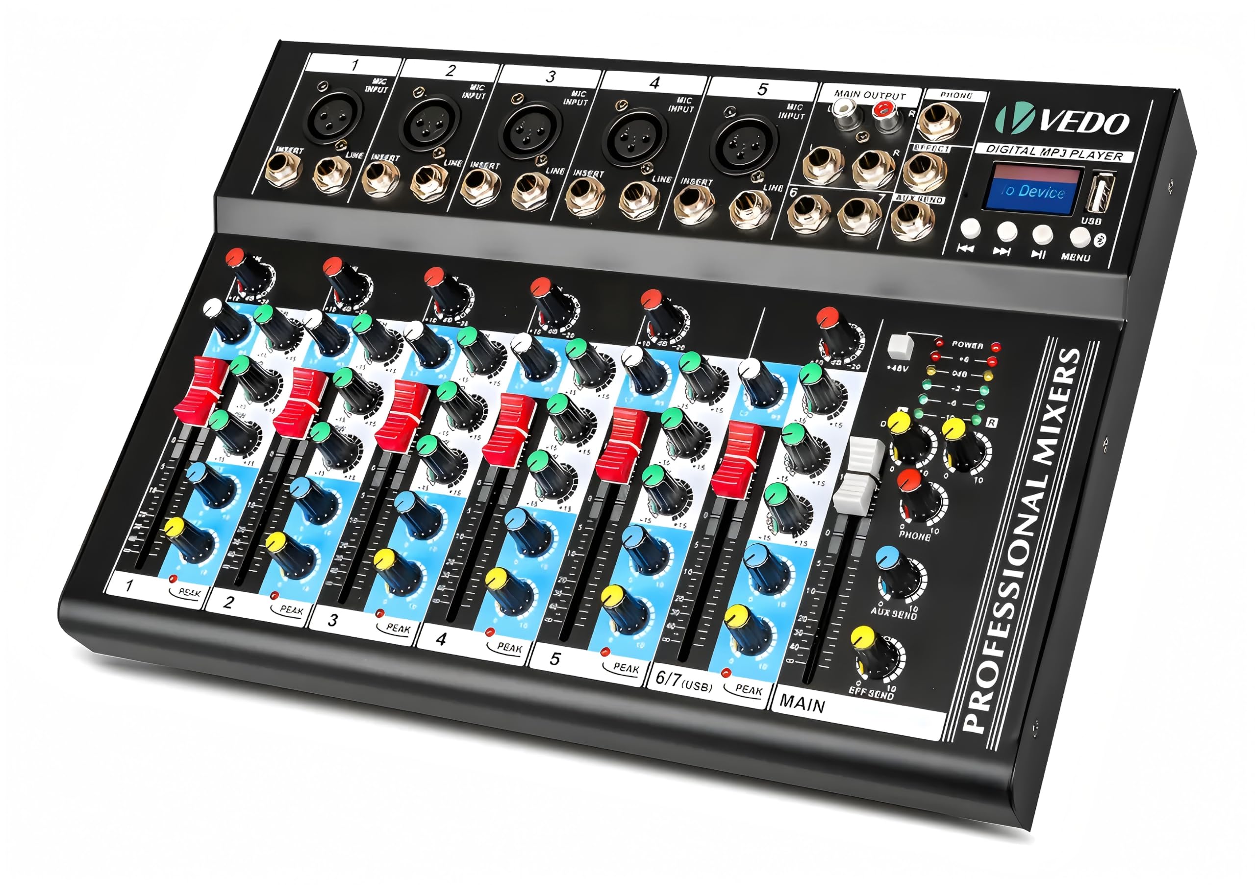VEDO Mixer de Áudio Profissional 7 Canais VDA107L com Bluetooth, Entrada USB, Efeitos Digitais, Phantom Power +48V para Podcast, DJ, Gravação e Transmissão Ao Vivo - Mesa de Som Compacta 127/220V