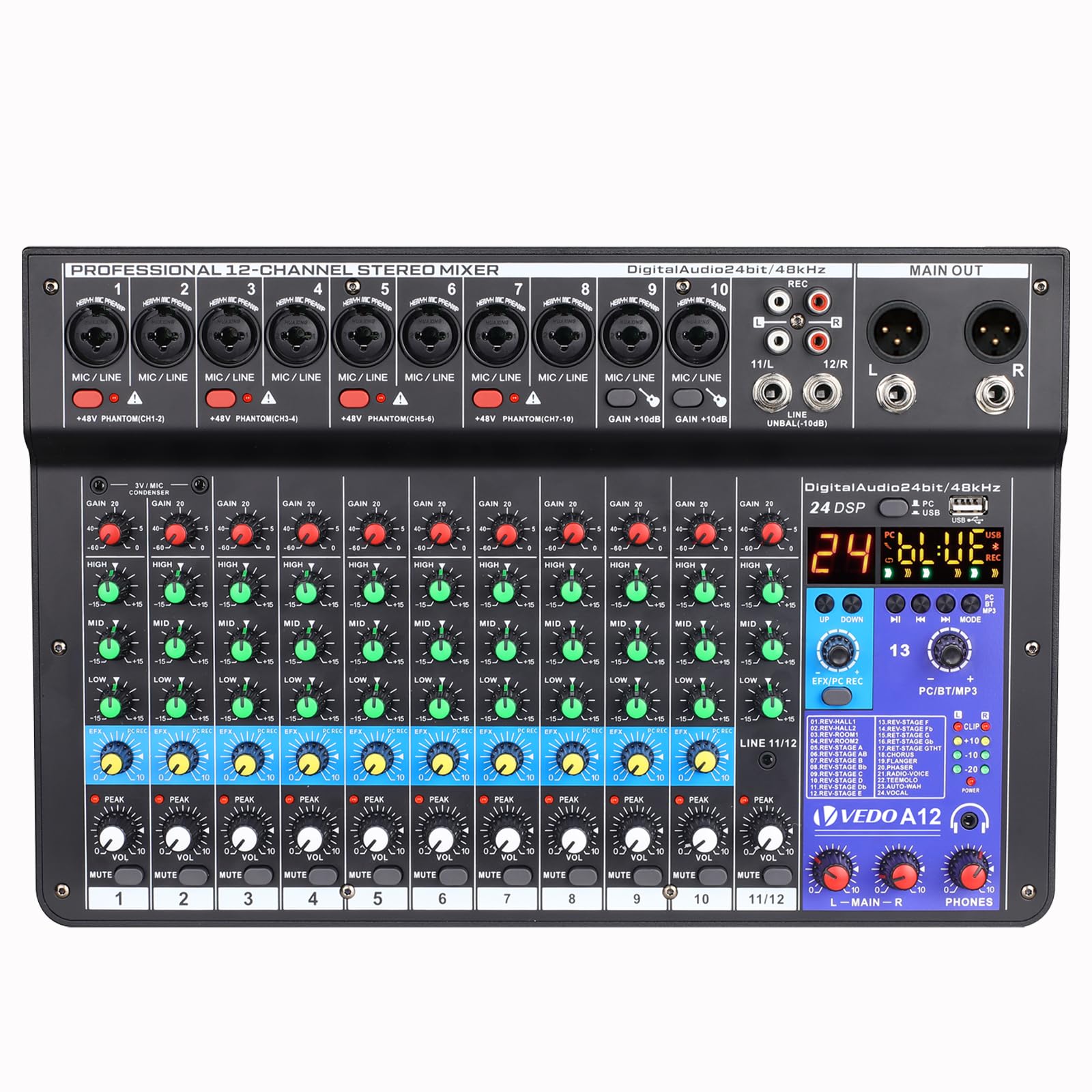 mesa de som,teyun/vedo A12 12 canais digital/número profissional portátil com reverb bluetooth usb interface audio/áudio mixer