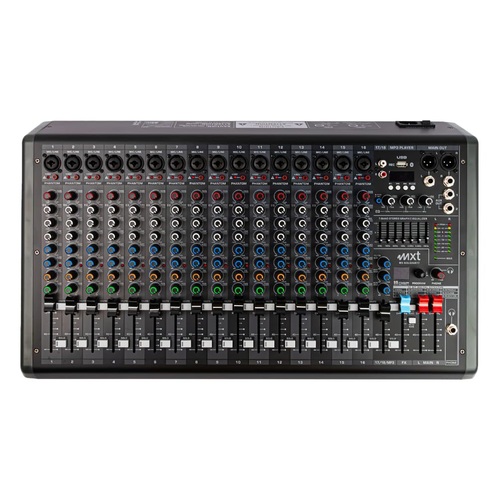 MXT Mesa de Som Profissional, 17 Canais, USB/MP3/Bluetooth, 99 Efeitos DSP, Phantom Power Individual, Gravação Direta