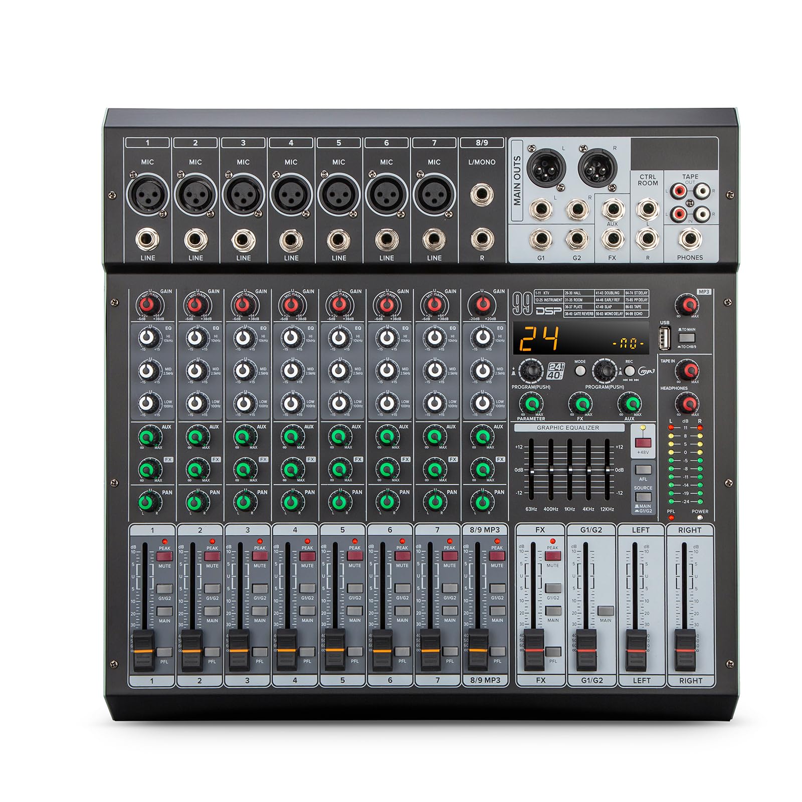 Mesa de Som Amplificada de Canais com 99 Efeitos DSP, Amplificador de 500W×2, Bluetooth, USB/MP3, Phantom Power de 48V, EQ de 5 Bandas - Mesa de Mixagem Profissional (VDA309L-220V)