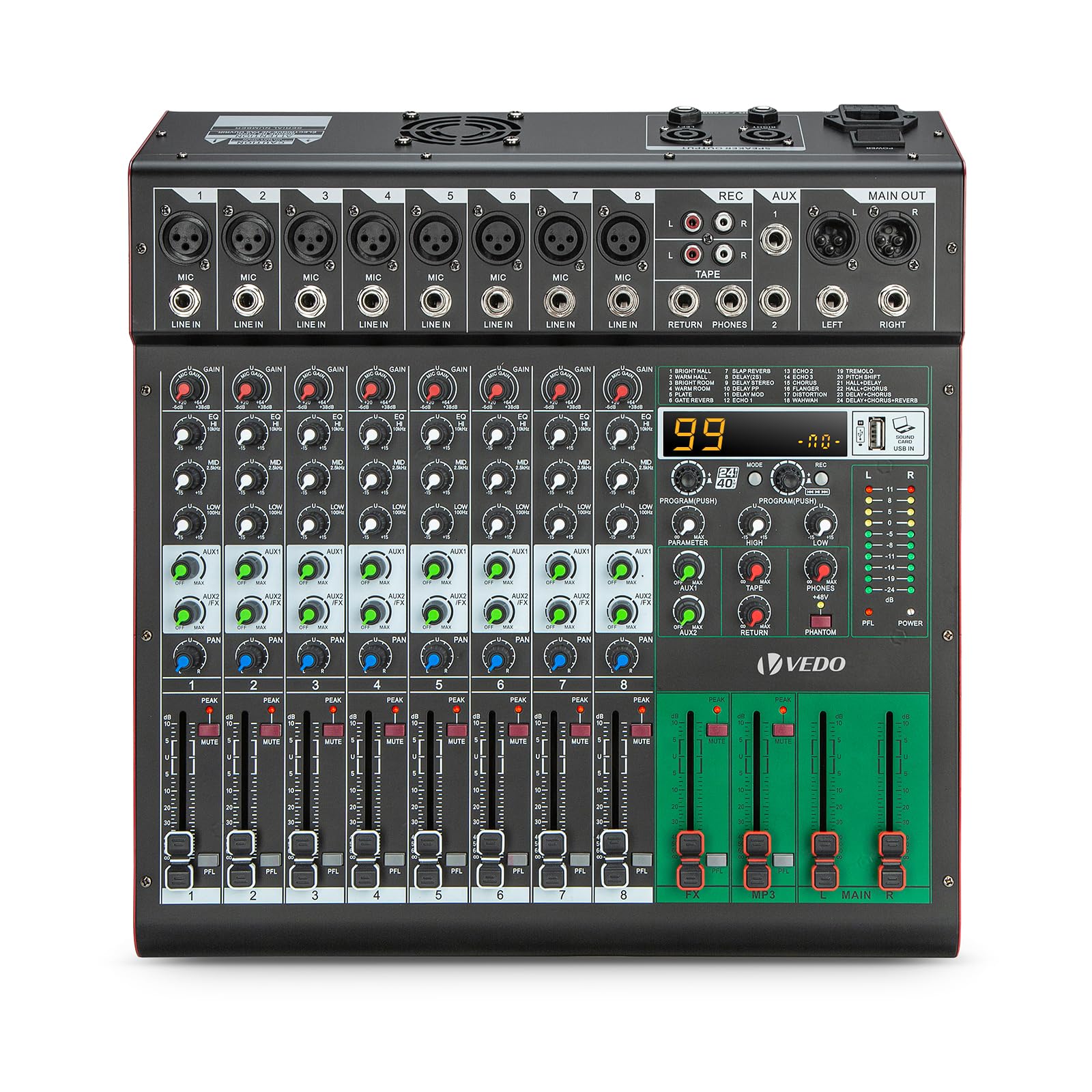Mesa de Som Amplificada de 8 Canais com 99 Efeitos DSP, Amplificador de 500W×2, Bluetooth, USB/MP3, Phantom Power de 48V, EQ de 5 Bandas - Mesa de Mixagem Profissional