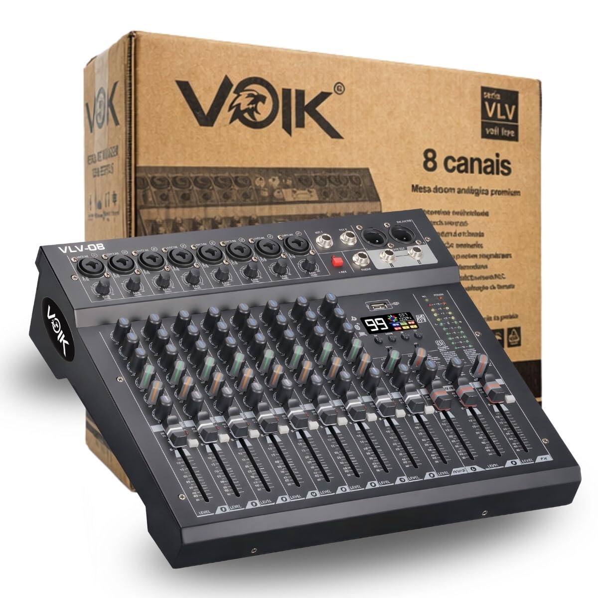 Mesa De Som 8 Canais Voik VLV-08 Metal USB Bluetooth 99 Efeitos Interface de Áudio Live Streaming 48v Phantom Power Botão PFL Processamento Digital Bivolt 110v/220v