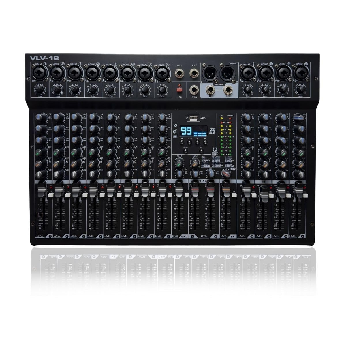 Mesa De Som 12 Canais Voik VLV-12 Metal USB Bluetooth 99 Efeitos Interface de Áudio Live Streaming 48v Phantom Power Botão PFL Processamento Digital Bivolt 110v/220v