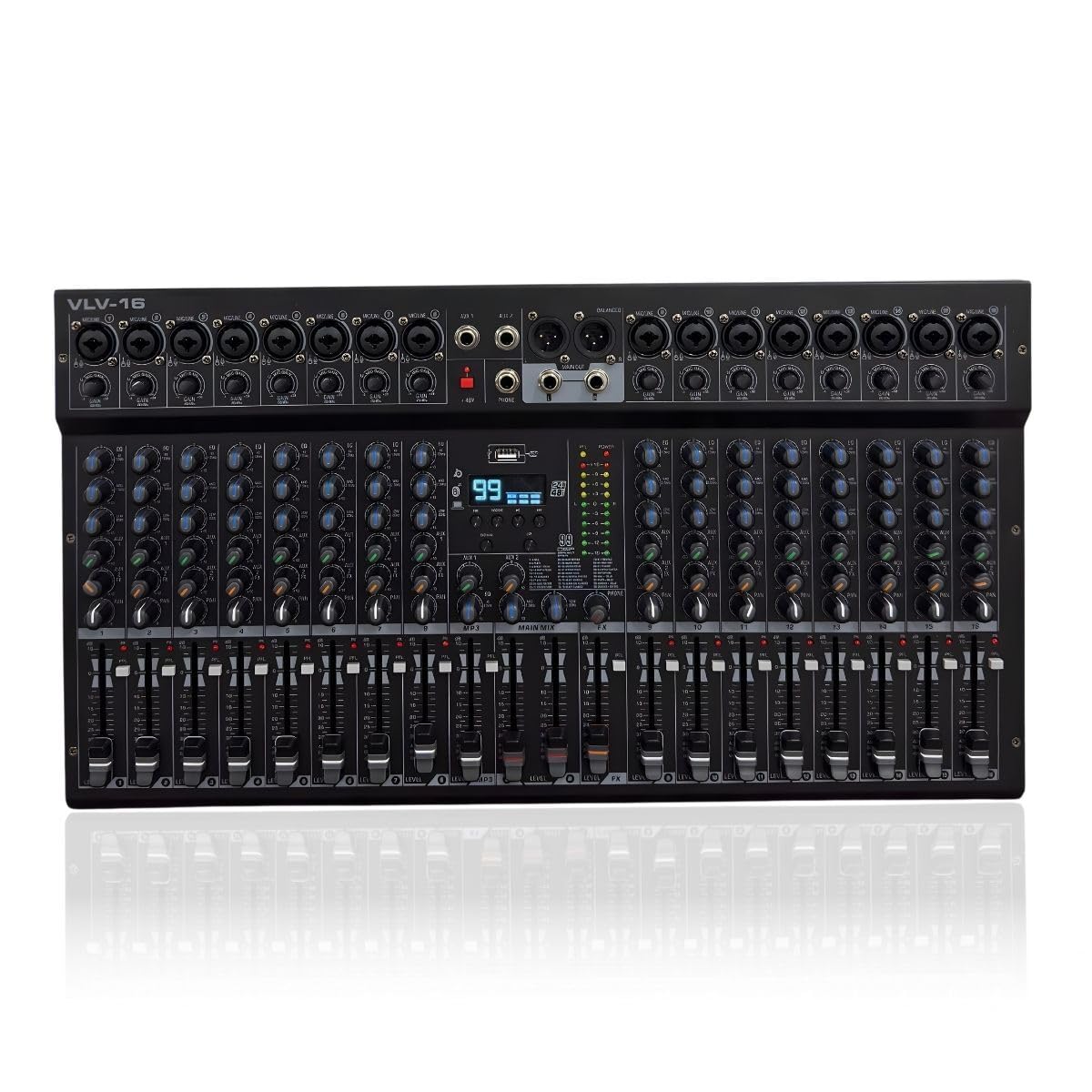 Mesa De Som 16 Canais Voik VLV-16 Metal USB Bluetooth 99 Efeitos Interface de Áudio Live Streaming 48v Phantom Power Botão PFL Processamento Digital Bivolt 110v/220v