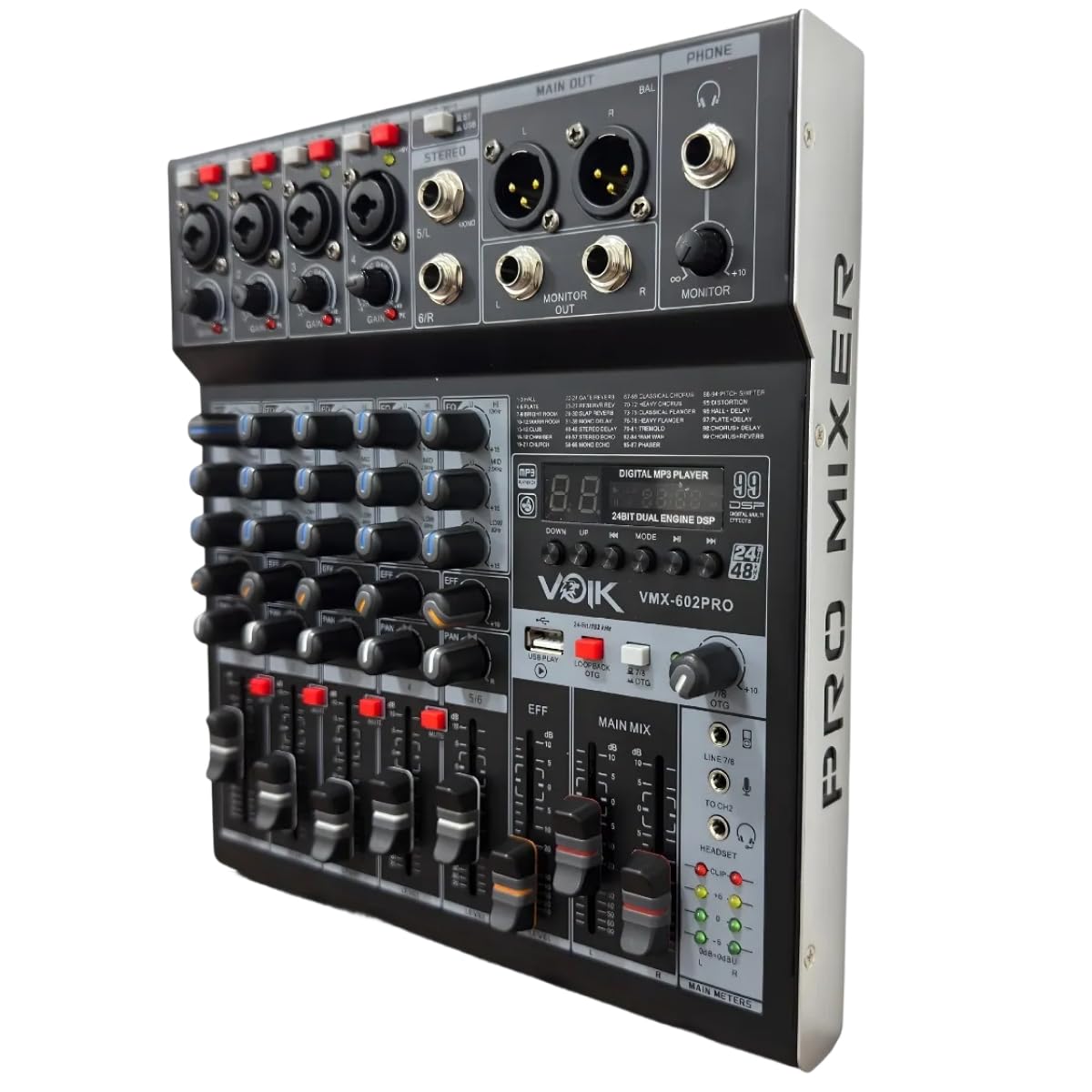 Mesa De Som 6 Canais Voik VMX-602 PRO Metal USB Bluetooth 99 Efeitos Interface de Áudio Live Streaming 48v Phantom Power Botão Mute Processamento Digital Bivolt 110v/220v
