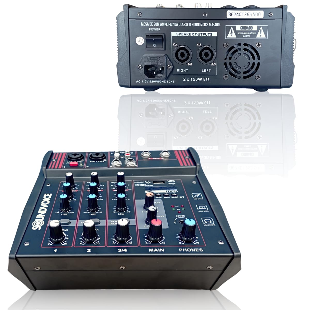 Mesa de Som Amplificada 4 Canais 300W com Interface de Áudio USB Bluetooth Mixer Profissional para Igreja Culto Banda Som ao Vivo Gravação PA Portátil