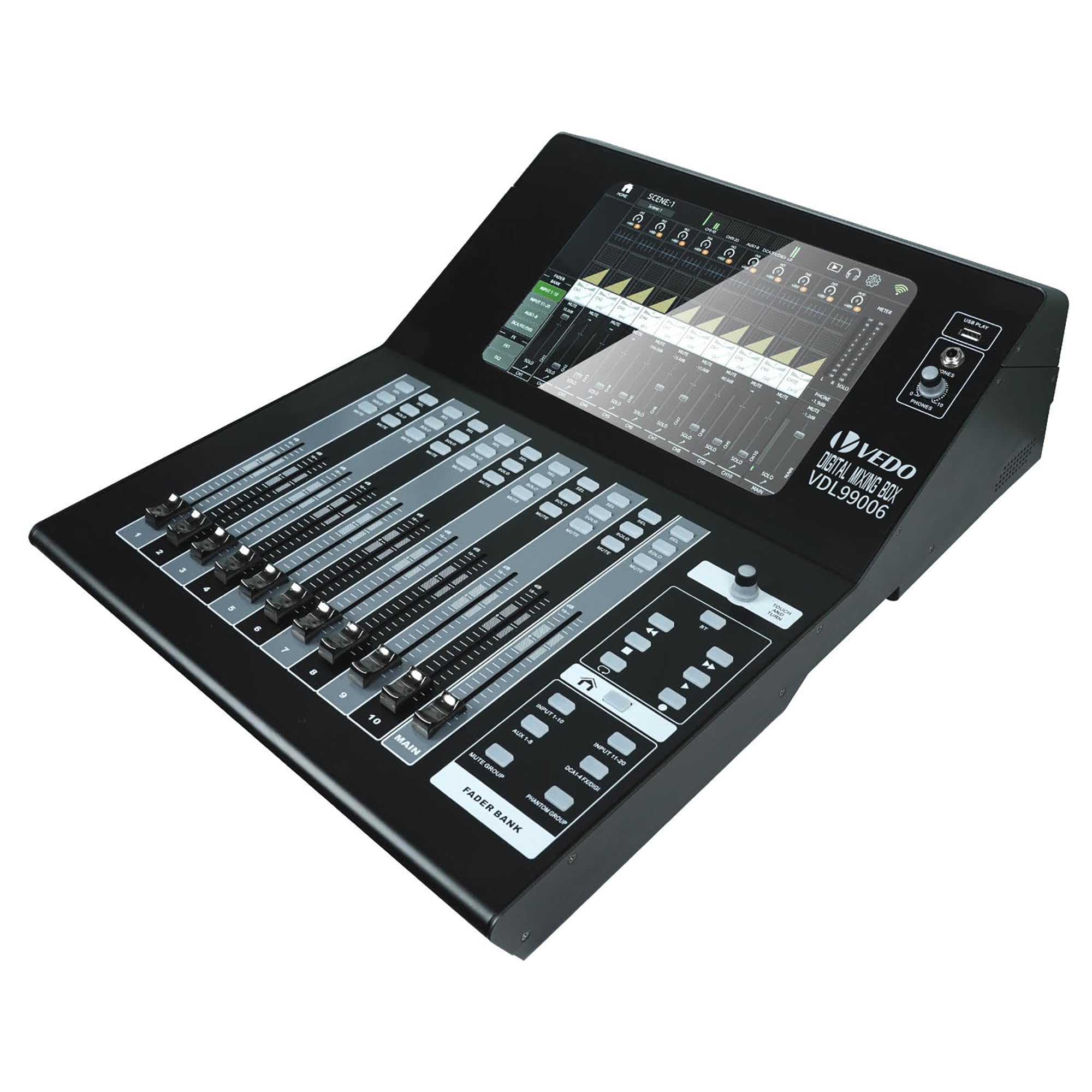 Mesa de Som Digital 20 Canais, Mixer Profissional com Tela Touch 10", 10 Faders Motorizados, 32-bit DSP, 48V Phantom, Bluetooth/USB, para Shows e Estúdio