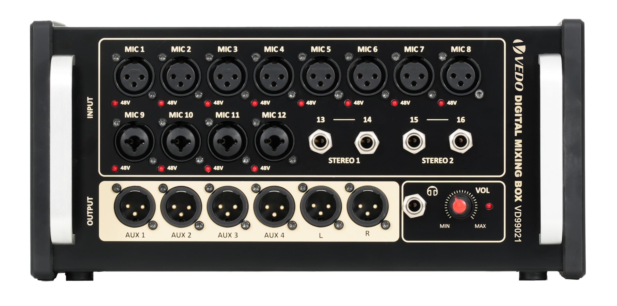 Mesa de Som Digital VEDO VD99021 16 Canais,12 Pré-Amplificadores MIC + 4 Entradas Estéreo, Controle WiFi HTML5 Multiplataforma,4 Motores de Efeito,2 EQ Gráficos 31 Bandas, Gravação USB,Estúdio, Igreja