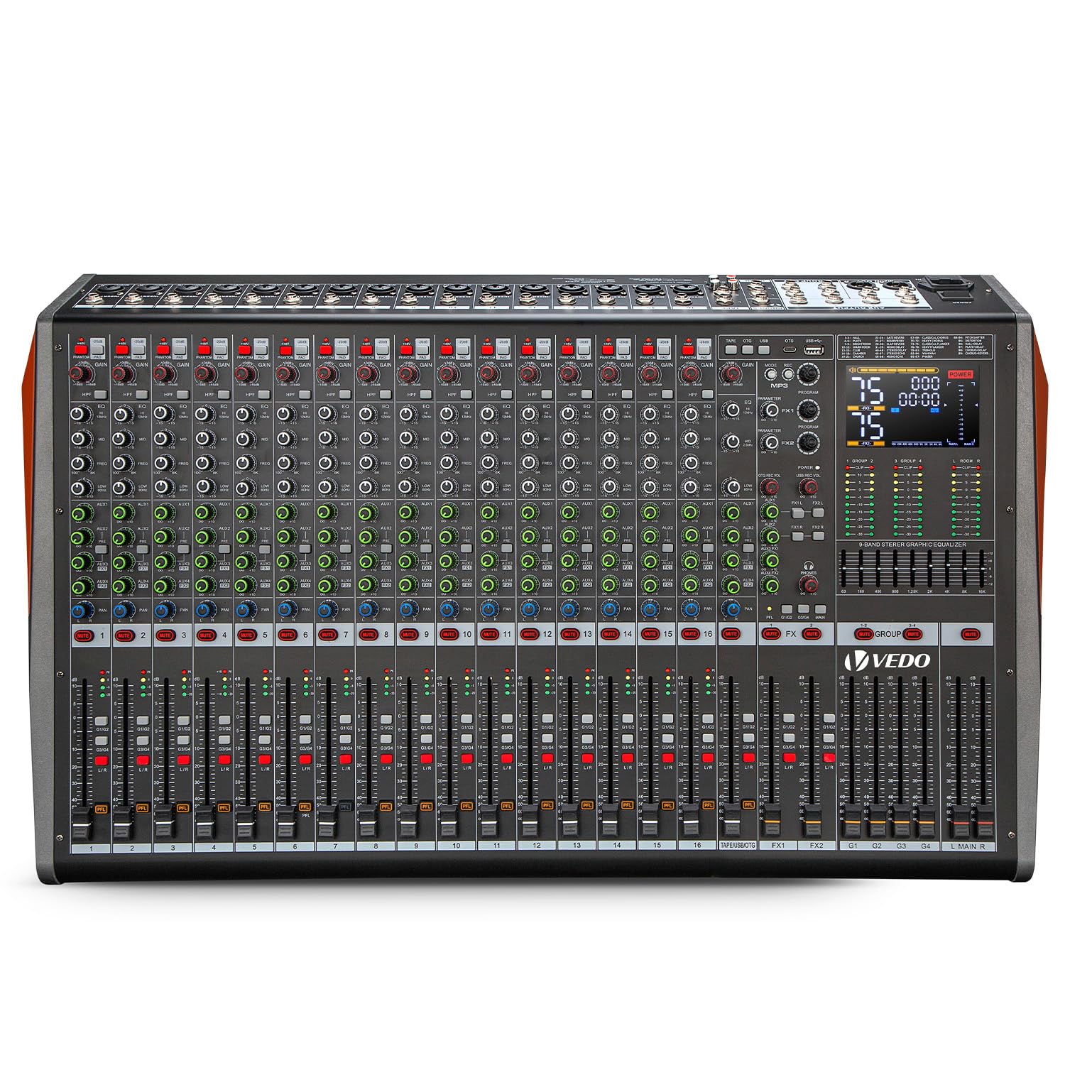 Mesa de Som Profissional 16 Canais Mixer de Áudio, Bluetooth USB OTG Gravação MP3, Fonte Fantasma +48V, 2×99 Efeitos DSP, EQ 4 Bandas por Canal, EQ Gráfico 9 Bandas para Show, Live, Estúdio e Karaokê