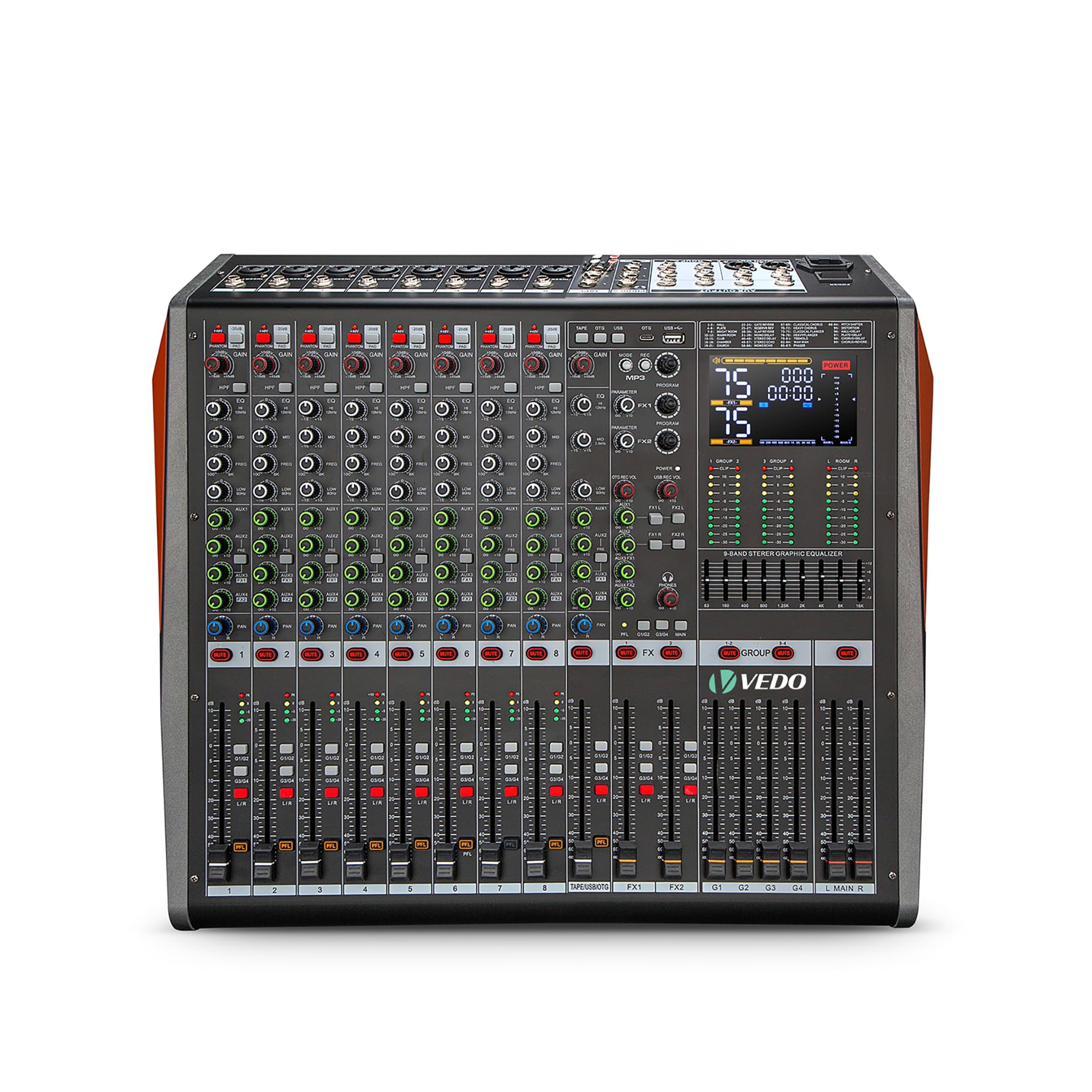 Mesa de Som Profissional 8 Canais Mixer de Áudio, Bluetooth USB OTG Gravação MP3, Fonte Fantasma +48V, 2×99 Efeitos DSP, EQ 4 Bandas por Canal, EQ Gráfico 9 Bandas para Show, Live, Estúdio e Karaokê