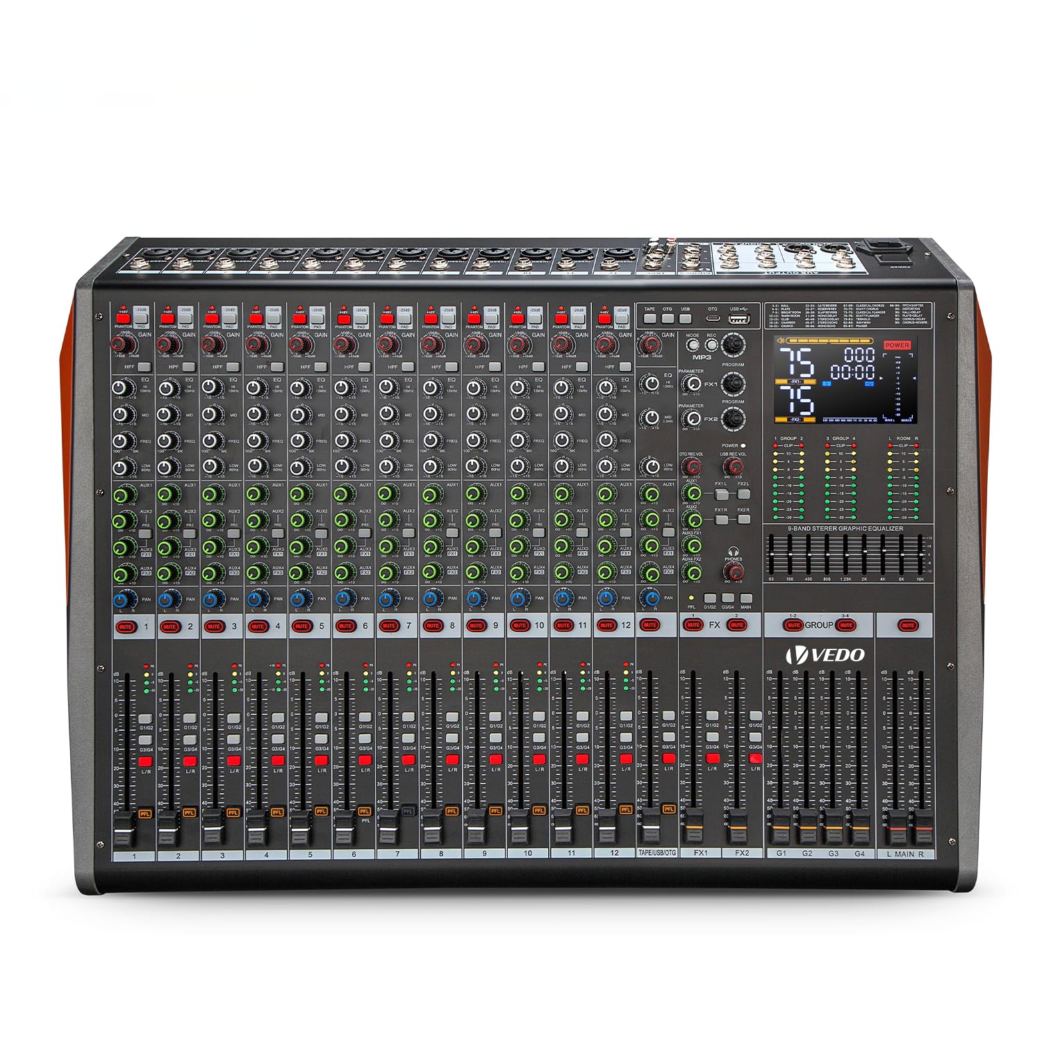 Mesa de Som Profissional 12 Canais Mixer de Áudio, Bluetooth USB OTG Gravação MP3, Fonte Fantasma +48V, 2×99 Efeitos DSP, EQ 4 Bandas por Canal, EQ Gráfico 9 Bandas para Show, Live, Estúdio e Karaokê