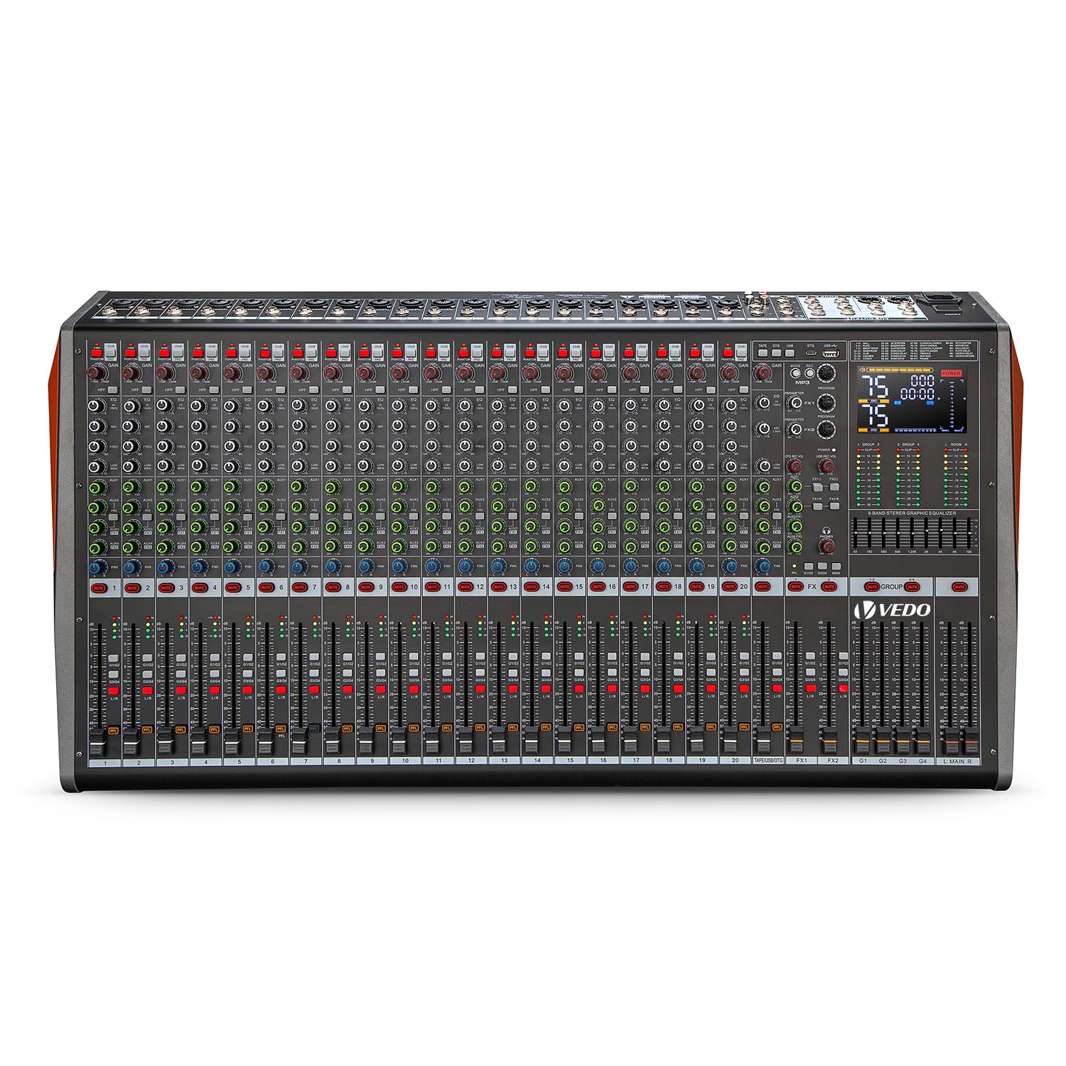 Mesa de Som Profissional 20 Canais Mixer de Áudio, Bluetooth USB OTG Gravação MP3, Fonte Fantasma +48V, 2×99 Efeitos DSP, EQ 4 Bandas por Canal, EQ Gráfico 9 Bandas para Show, Live, Estúdio e Karaokê