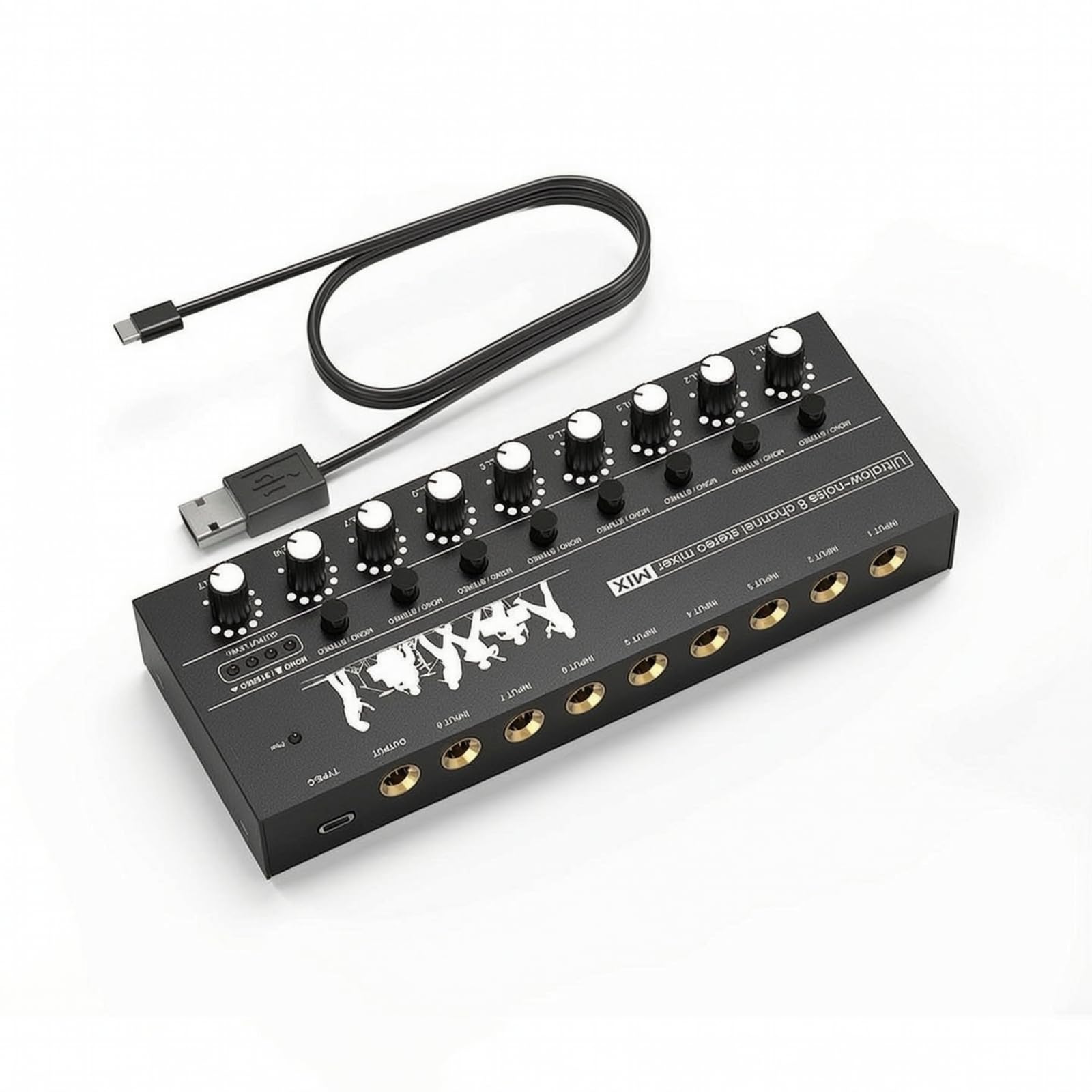 harayaa Mesa de Som Mixer de 8 Canais com Alimentação USB, Gabinete Metálico e Controles Rotativos, Ideal para Estúdio Doméstico, Podcasts e Transmissões ao Vivo.