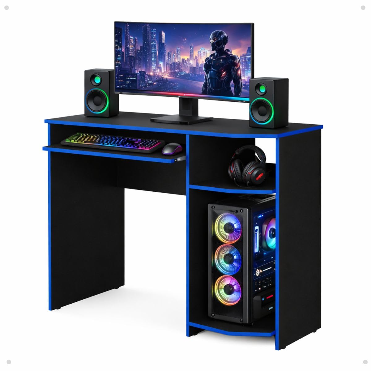 RP online Mesa Gamer Escrivaninha Computador Ergonômica Espaço Setup Completo Home Office Jogos Escritório Nicho Bandeja Retrátil Teclado (Preto/Azul)