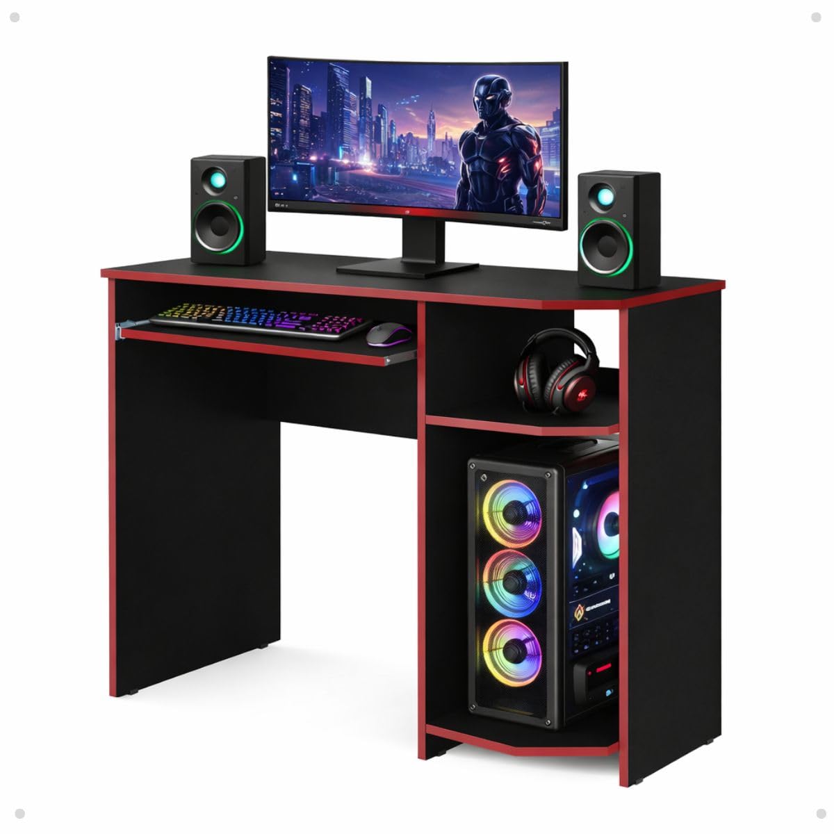 RP online Mesa Gamer Escrivaninha Computador Ergonômica Espaço Setup Completo Home Office Jogos Escritório Nicho Bandeja Retrátil Teclado (Preto/Vermelho)