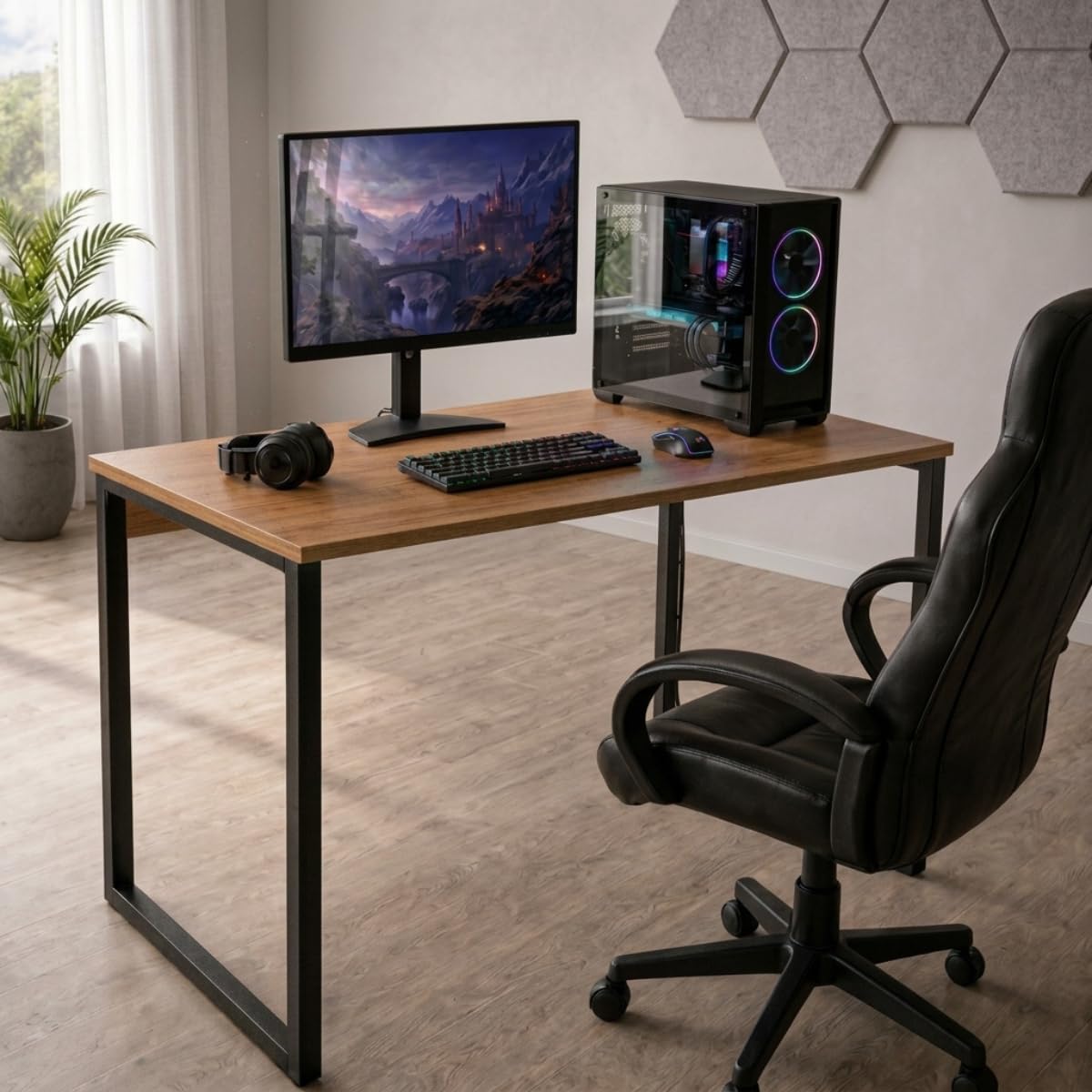 Mesa Escrivaninha Gamer Estilo Industrial 100x60cm MDF Premium Freijó e Aço Carbono