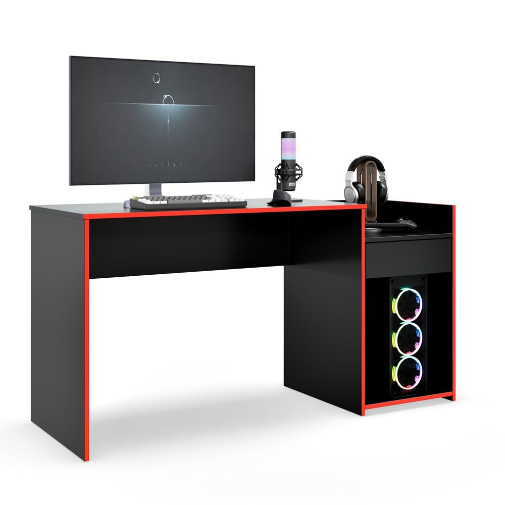 Crippa Lojas Mesa Gamer Eros Escrivaninha Para Computador 1 Gaveta Nicho Estudo Trabalho Pc Gamer (Preto/Vermelho)