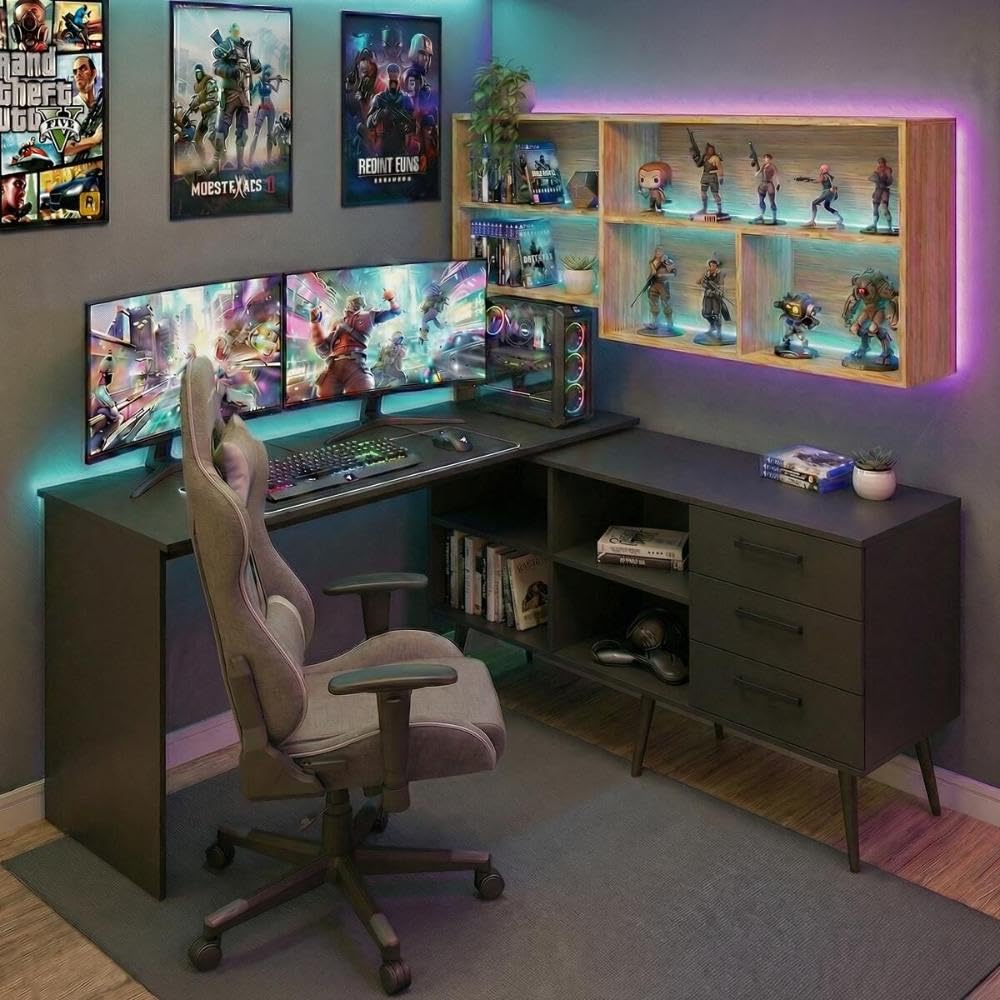 Multimóveis Mesa Gamer em L para Computador com 3 Gavetas Nexus MP6048 Preto