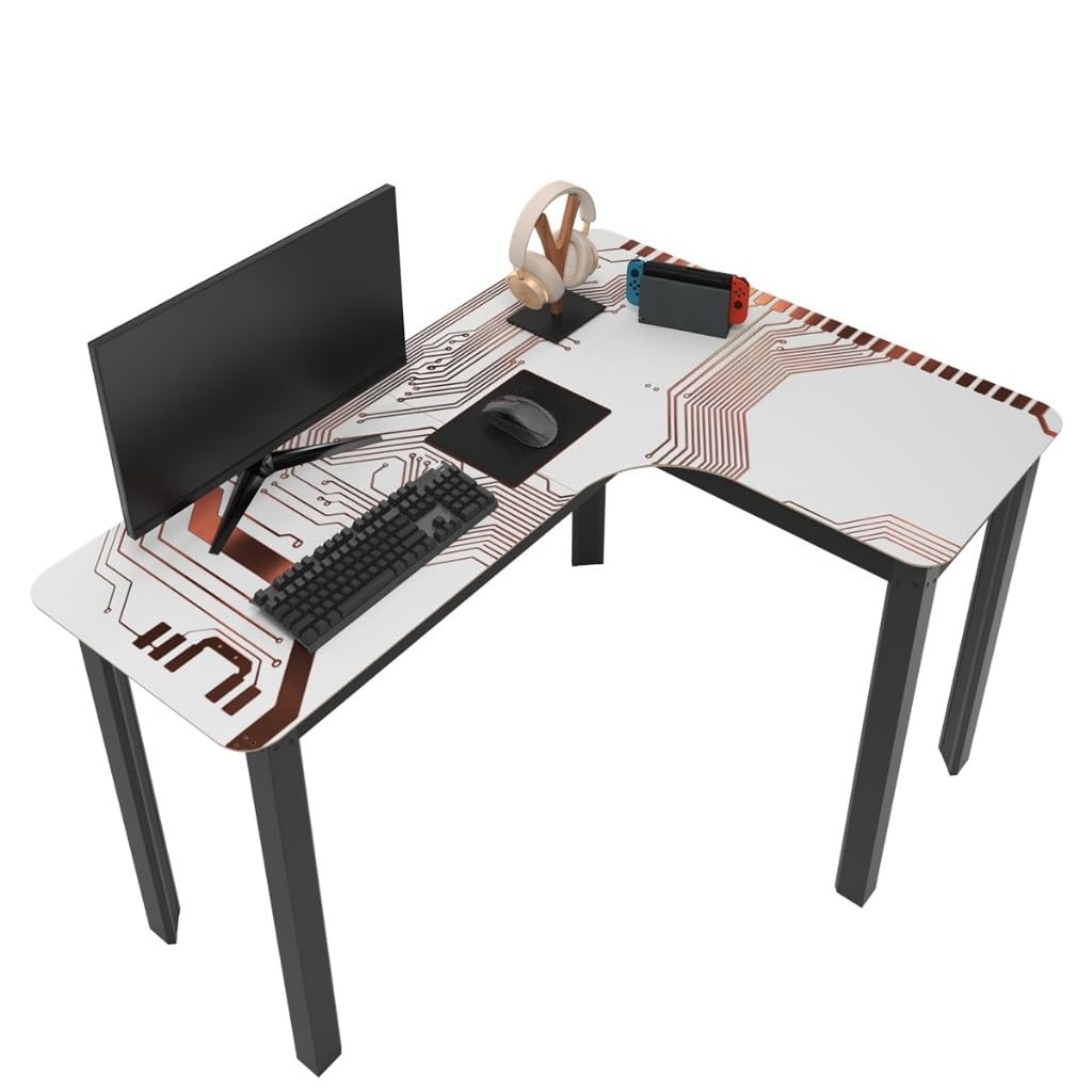 Mesa Gamer em L 120x90cm Escrivaninha de Canto para Computador Home Office Estrutura Metálica Cantos Arredondados(Circuit Branca)