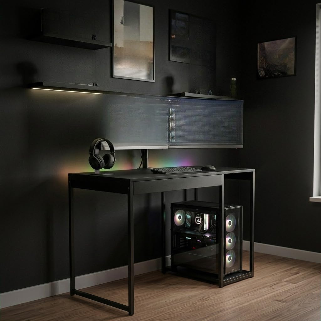 Mesa Gamer 110cm MDF Resistente, Estrutura de Aço Reforçada, Suporte Lateral para CPU, Design Industrial para Setup Gamer e Home Office (Preto com Preto)