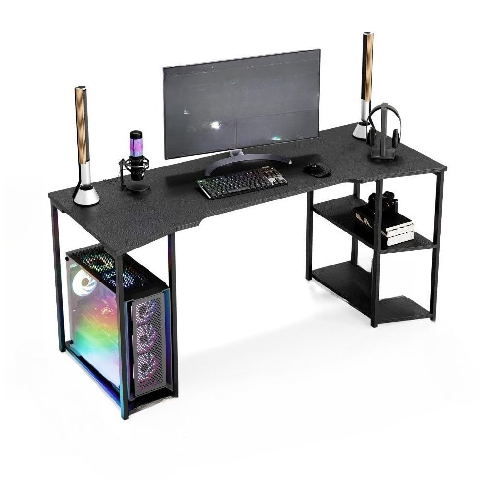 Escrivaninha Gamer 160cm Industrial Preta, Mesa para Computador com Nicho de CPU e Prateleiras Laterais, Recorte Ergonômico para Setup e Home Office (Vermelho)