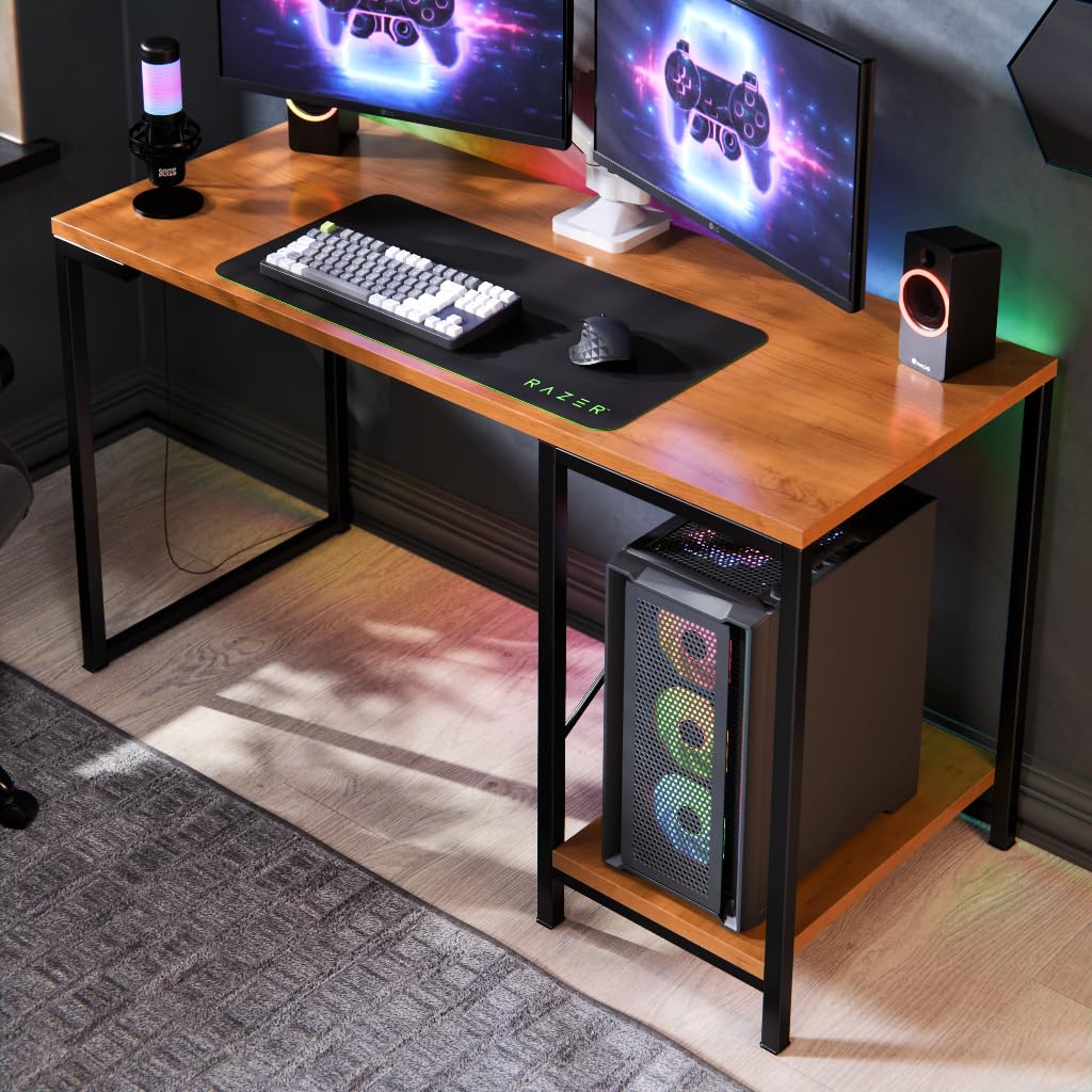 Mesa Escrivaninha Gamer Home Office Industrial Prateleira Aço MDF (Preto Canela)