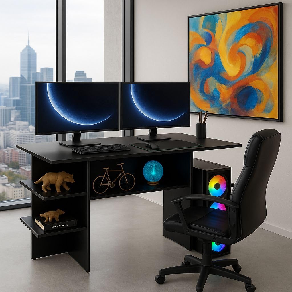 Mesa Gamer Nexus Station para PC com Prateleiras Laterais e Nicho, Escrivaninha para Setup Gamer e Home Office Preto