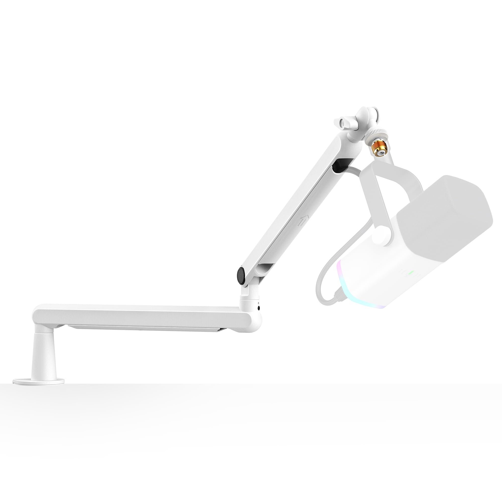 FIFINE BM88W Boom Arm Mic Stand de perfil baixo para gravação/streaming | Suporte de microfone metal para jogos, Podcast Mic Boom Braço com montagem de mesa, Gerenciamento de canais de cabo, Branco