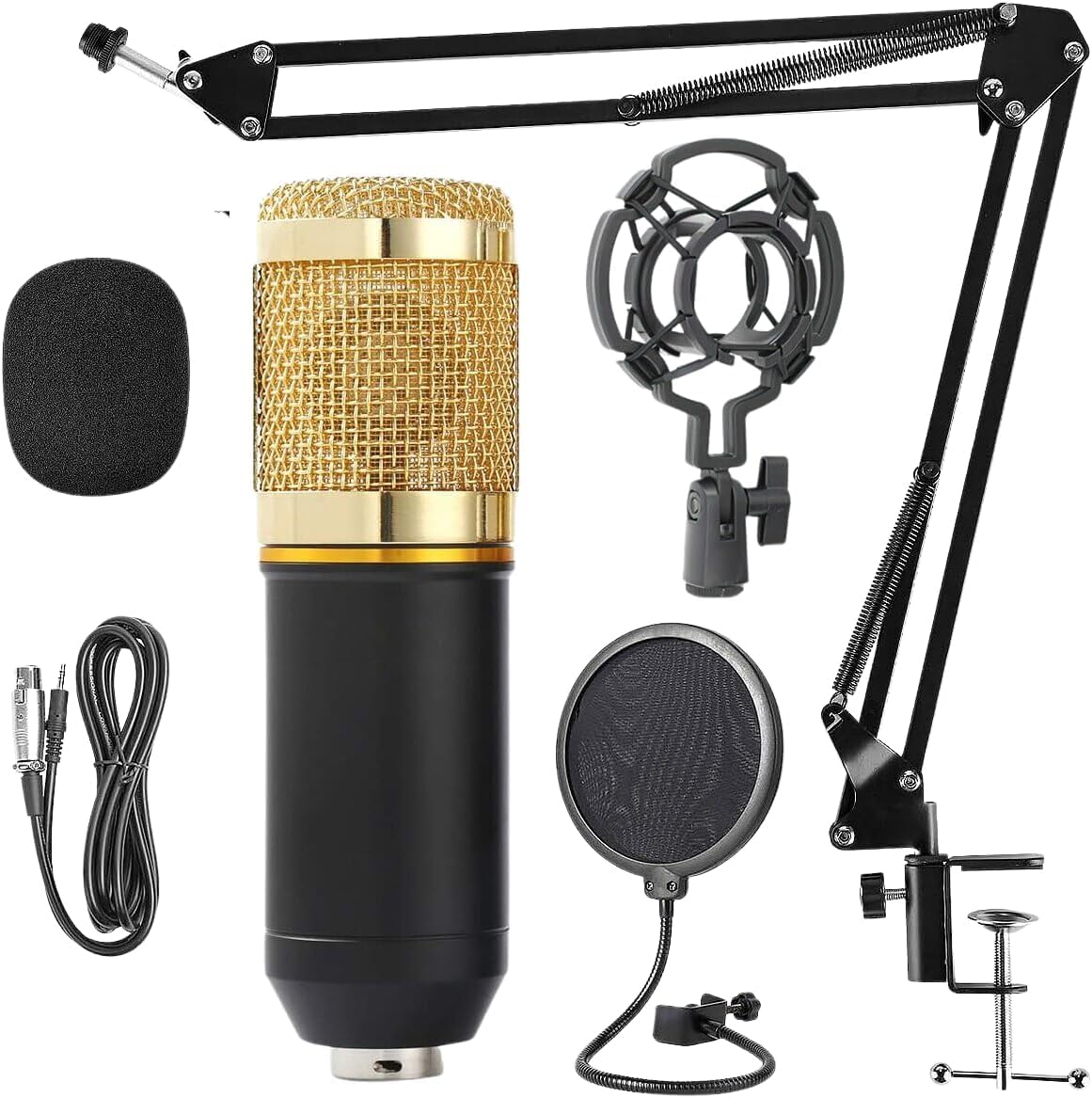 Microfone Condensador Kit Microfone Condensador com Braço Articulado e Pop Filter para Transmissão Ao Vivo Kit Microfone Estúdio BM800 + Pop Filter + Aranha + Braço Articulado - YODHE