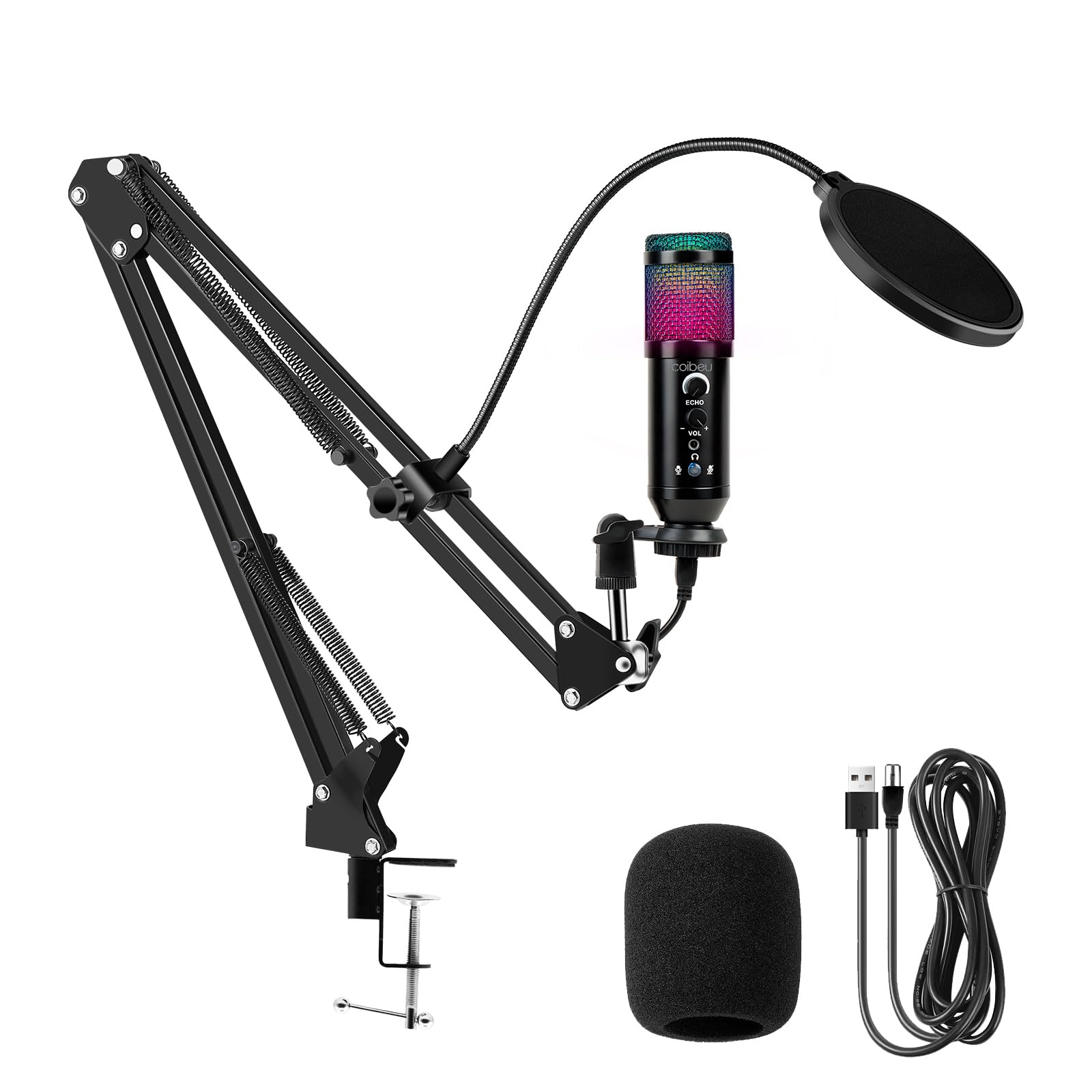 Microfone Condensador RGB, Microfone de Mesa, Microfone Gamer – Com Cancelamento de Ruído, Conexão USB Plug-and-Play, Controle de Volume e Eco, Braço Articulado – Ideal para Stream, Gravação, Podcast