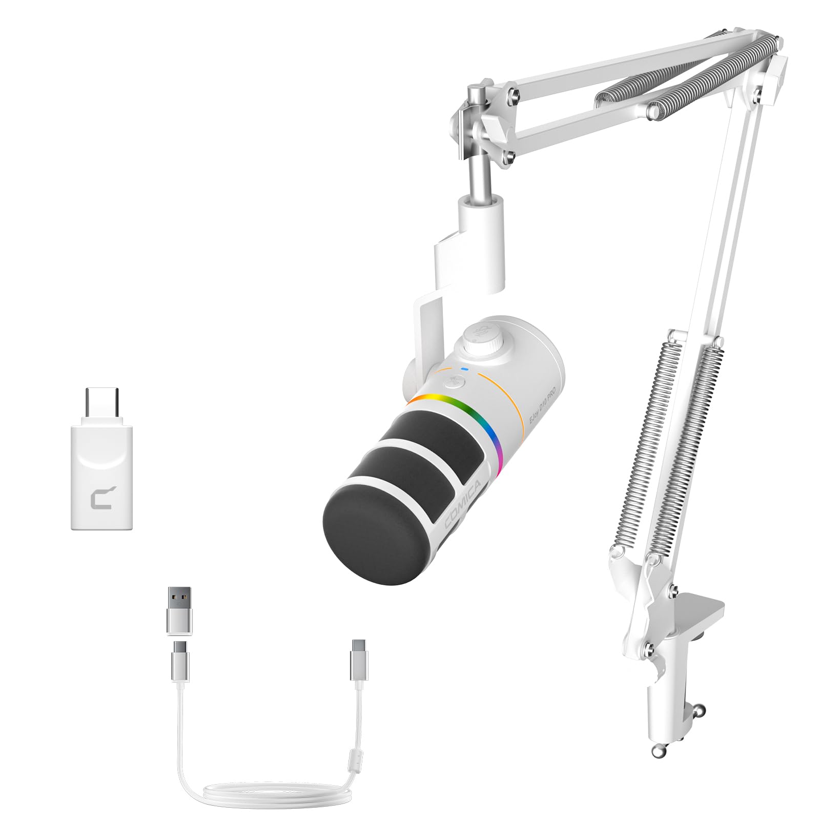 COMICA EJoy D10 Pro Branco Microfone Dinâmico XLR/USB-C para PC e Consoles, com Braço Articulado, Mudo, Redução de Ruído e Controle de Ganho, Ideal para Gravação, Podcast, Streaming e YouTube