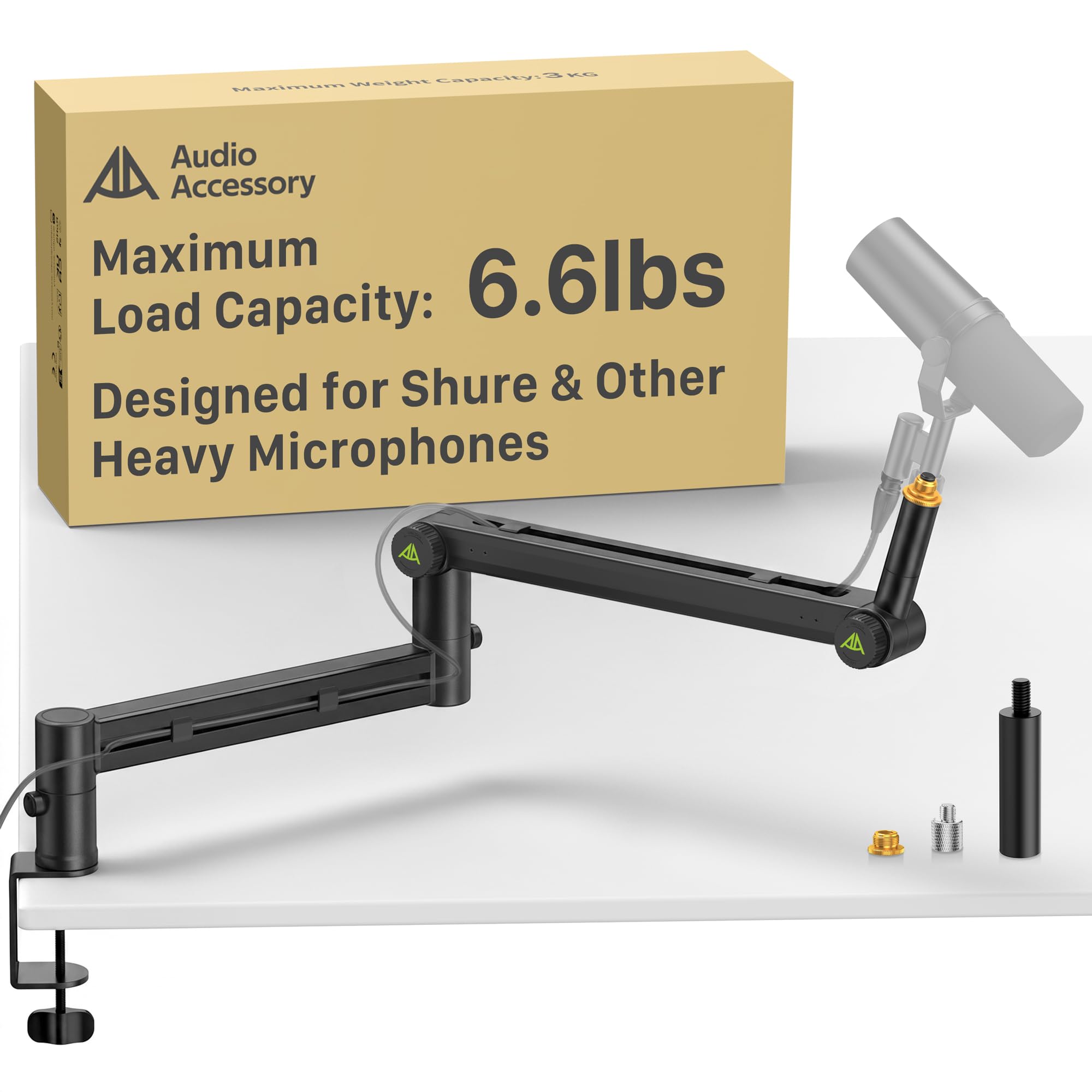 AA AUDIO ACCESSORY Braço Articulado para Microfone Pesado (3kg Carga), Trava de Engrenagem Estável Não Afrouxa, Suporte Mesa Metálico Durável, Compatível com Shure SM7B, MV7+, Blue Yeti, Rode PodMic