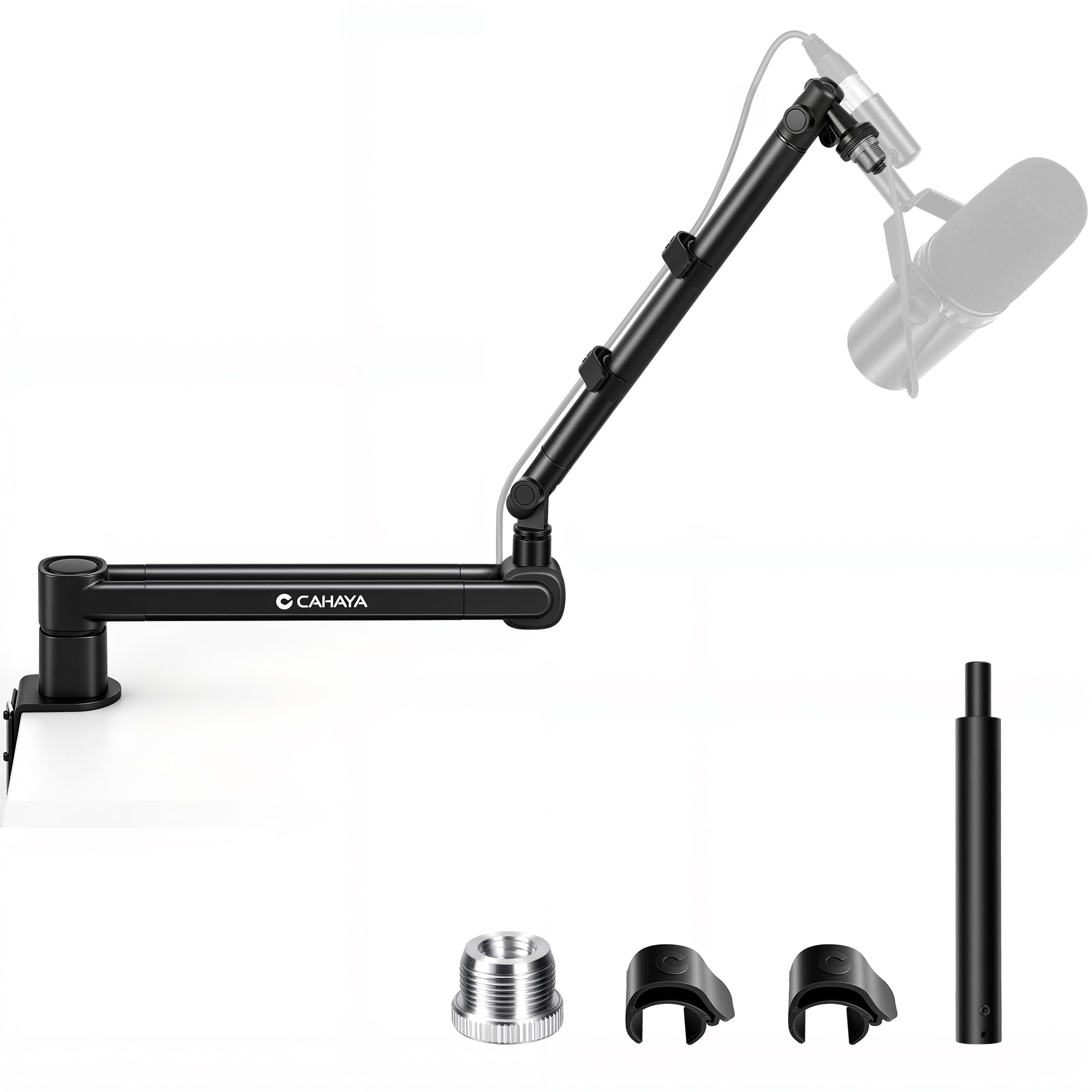 CAHAYA Suporte de Mesa com Braço Articulado para Microfone - Suporte de Mesa de Perfil Baixo e Ajustável com Haste Extensora de 8,9 Cm Compatível com Shure Sm7B, Blueyeti, Fifine e Hyperx Quadcast