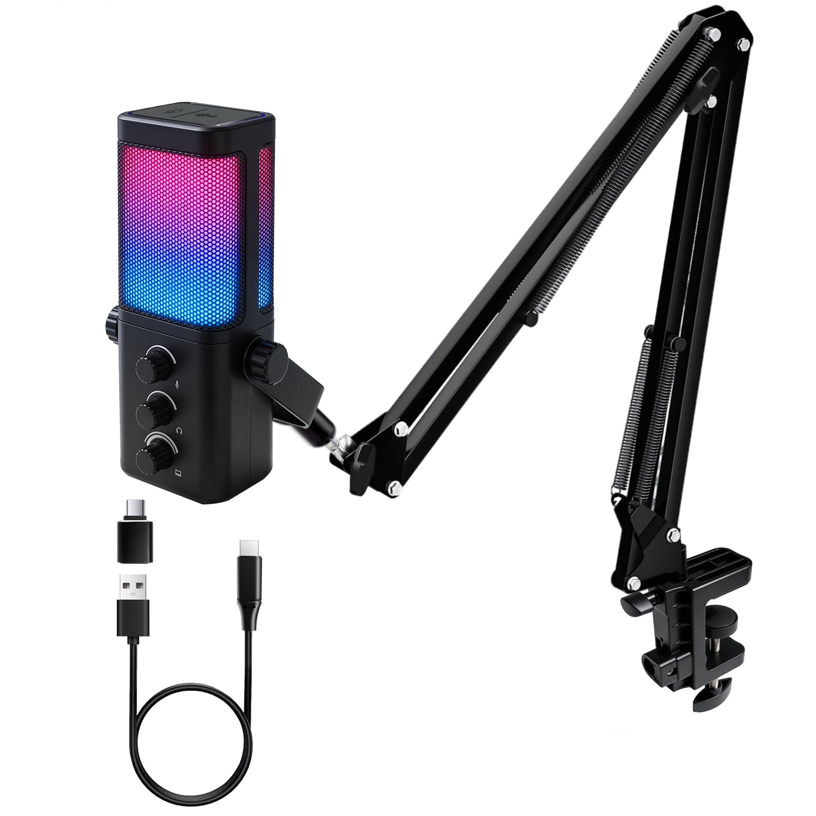 VCOM Microfone USB para PC, condensador dinâmico Boom Arm Mic para podcast, streaming, com fone de ouvido de monitoramento de conector de 3,5 mm, mudo rápido, indicador RGB, suporte de choque, botão