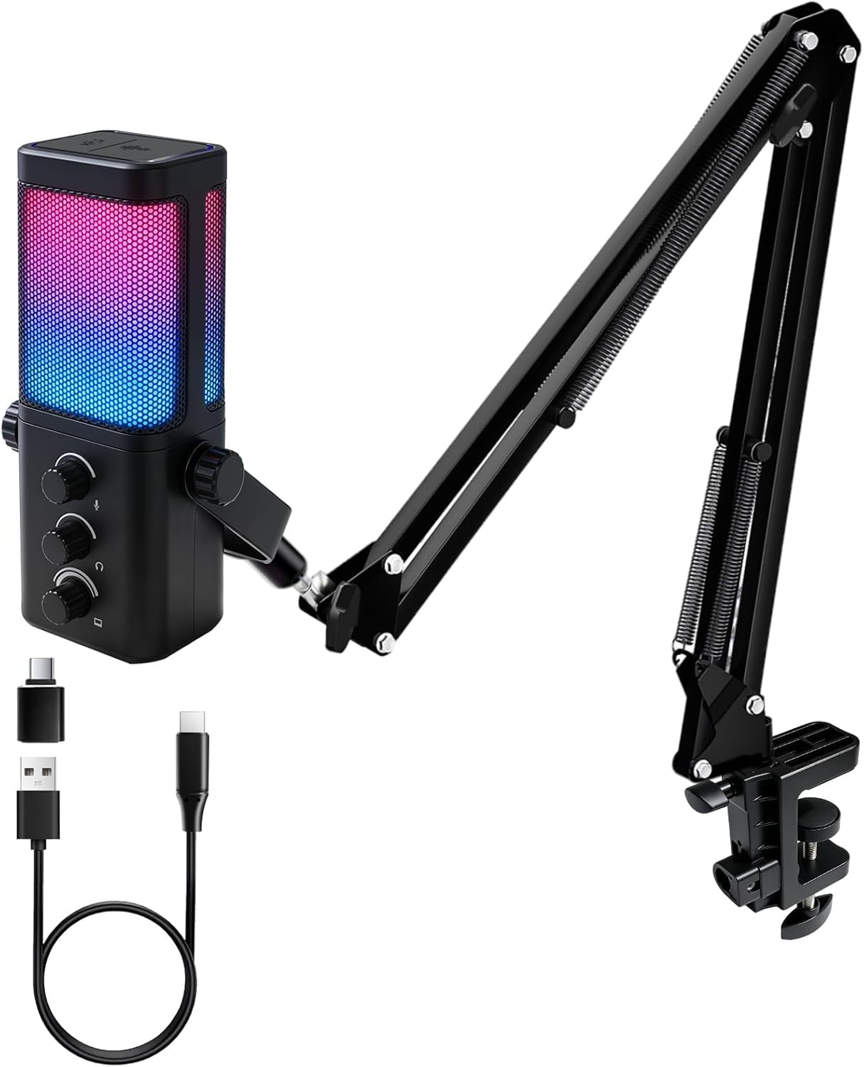Microfone Condensador USB RGB Profissional, com Braço Articulado, Compatível com PC, Notebook e PS5, para Live, Podcast e Gravação, Preto
