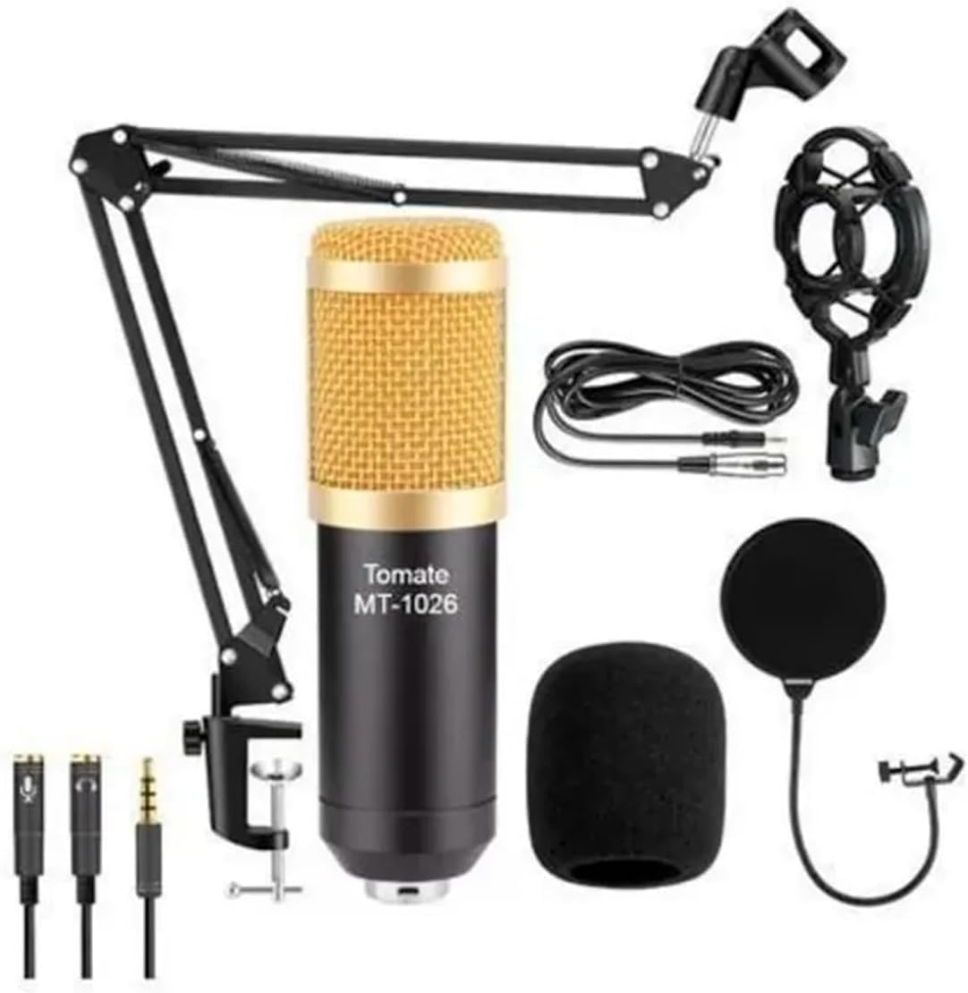 Tomate MT-1026 Kit Microfone Condensador Profissional com Braço Articulado, Suporte de Choque, Filtro Pop, Cabo de Áudio