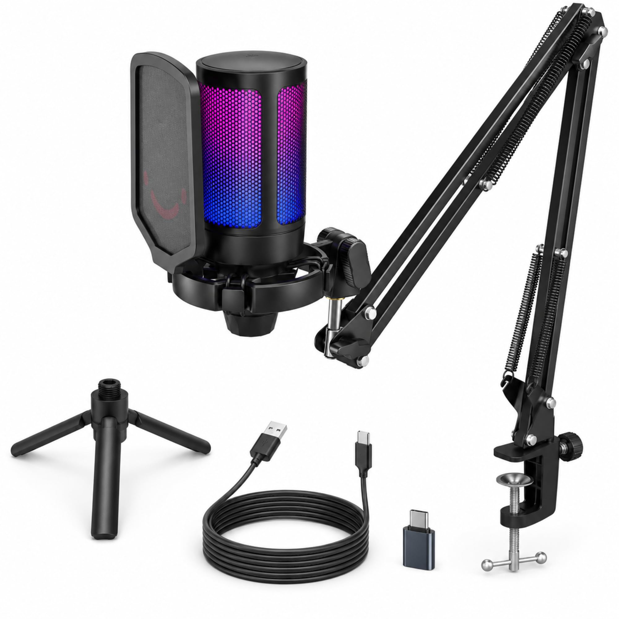 Microfone Gamer Condensador USB RGB Kit Completo com Braço Articulado, Tripé de Mesa, Filtro Pop e Shock Mount, Plug and Play PC Notebook, Mute por Toque, Streaming e Podcast