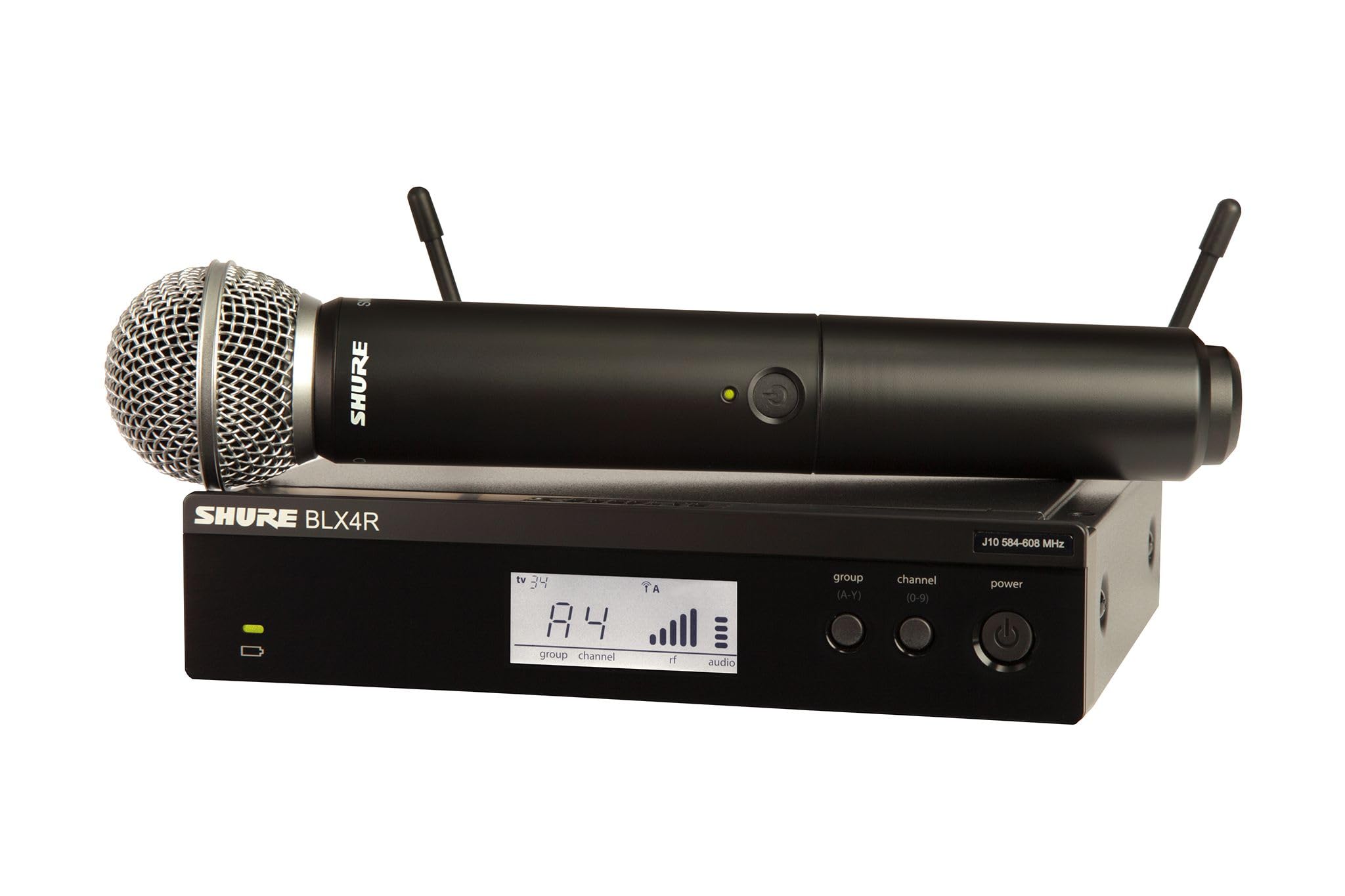 Shure Sistema de microfone sem fio BLX24R/SM58 - vida útil da bateria de 14 horas, alcance de 91 m, UHF | Microfone vocal portátil SM58, receptor de montagem em rack de canal único | Banda J11