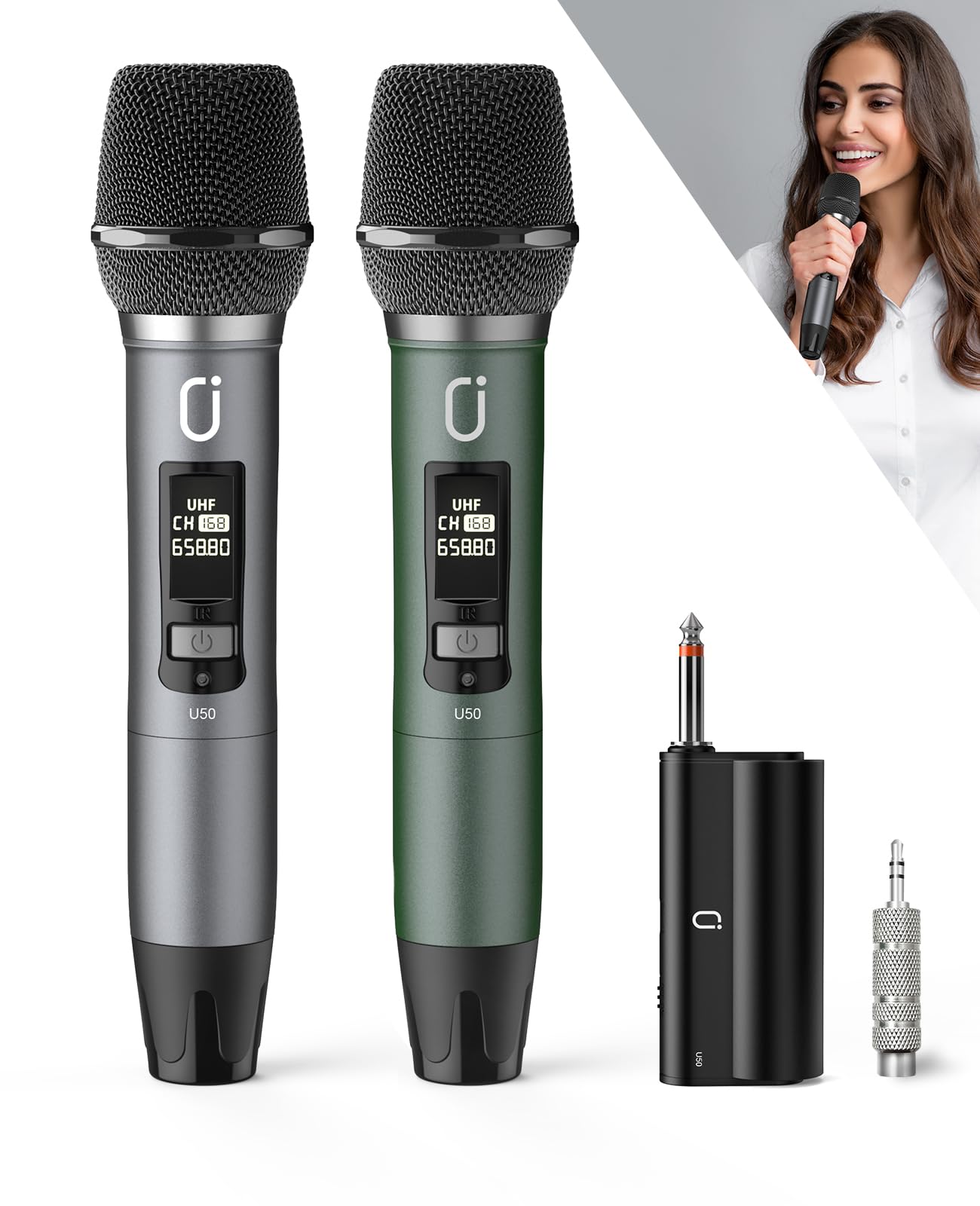 JYX Microfones Sem Fio Profissionais UHF Duplos para Karaokê, Sistema Dinâmico com Receptor Recarregável, Saída 6,35mm & 3,5mm, Plug and Play, para Karaokê, Festa, Aula