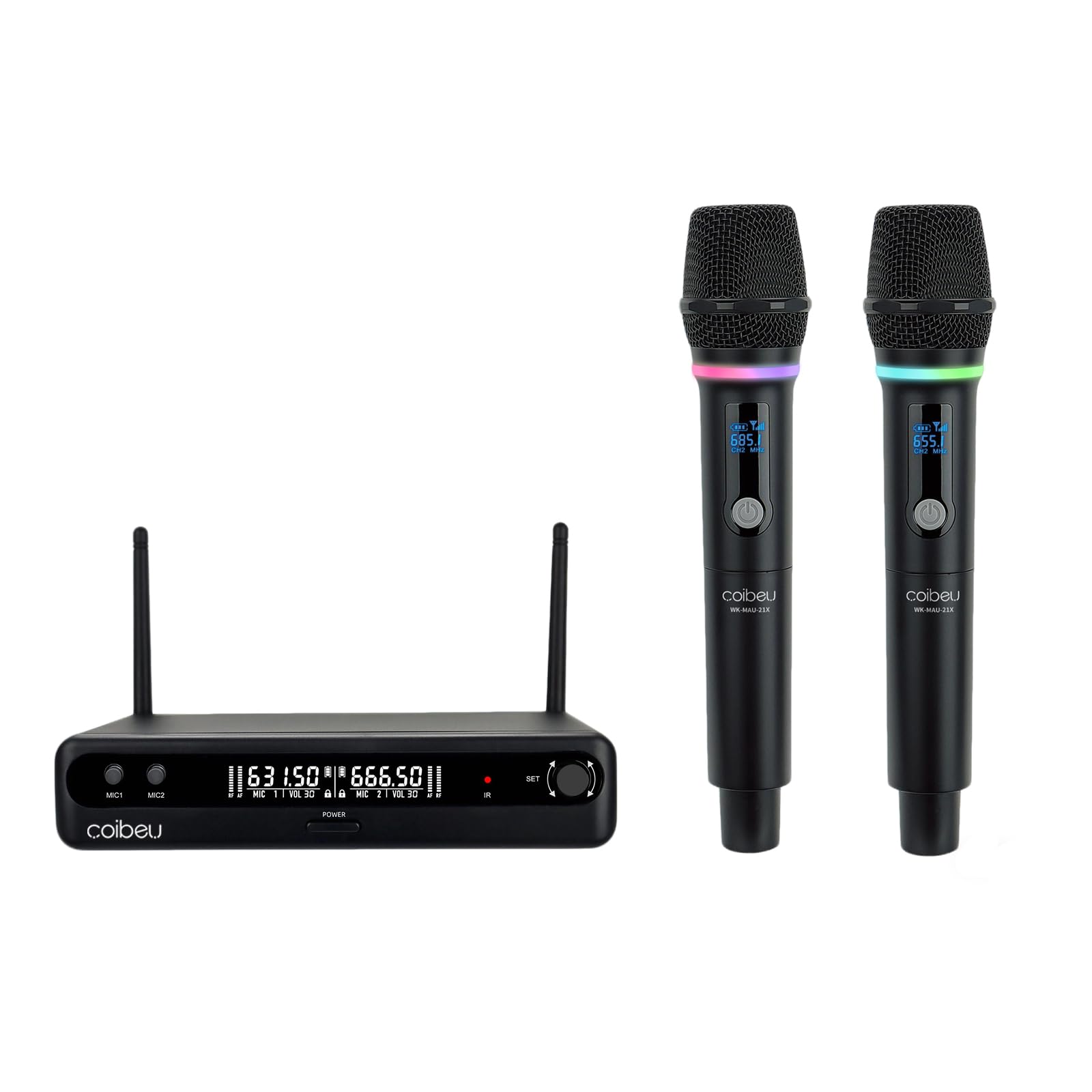 Microfone Sem Fio Duplo UHF, Microfone Dinamico Karaoke, 2 Microfones de Mão com Receptor, Saídas XLR/6,35 mm, Alcance até 50 m, Bateria Recarregável Type-C, para Karaokê, Igrejas, Palcos e Eventos