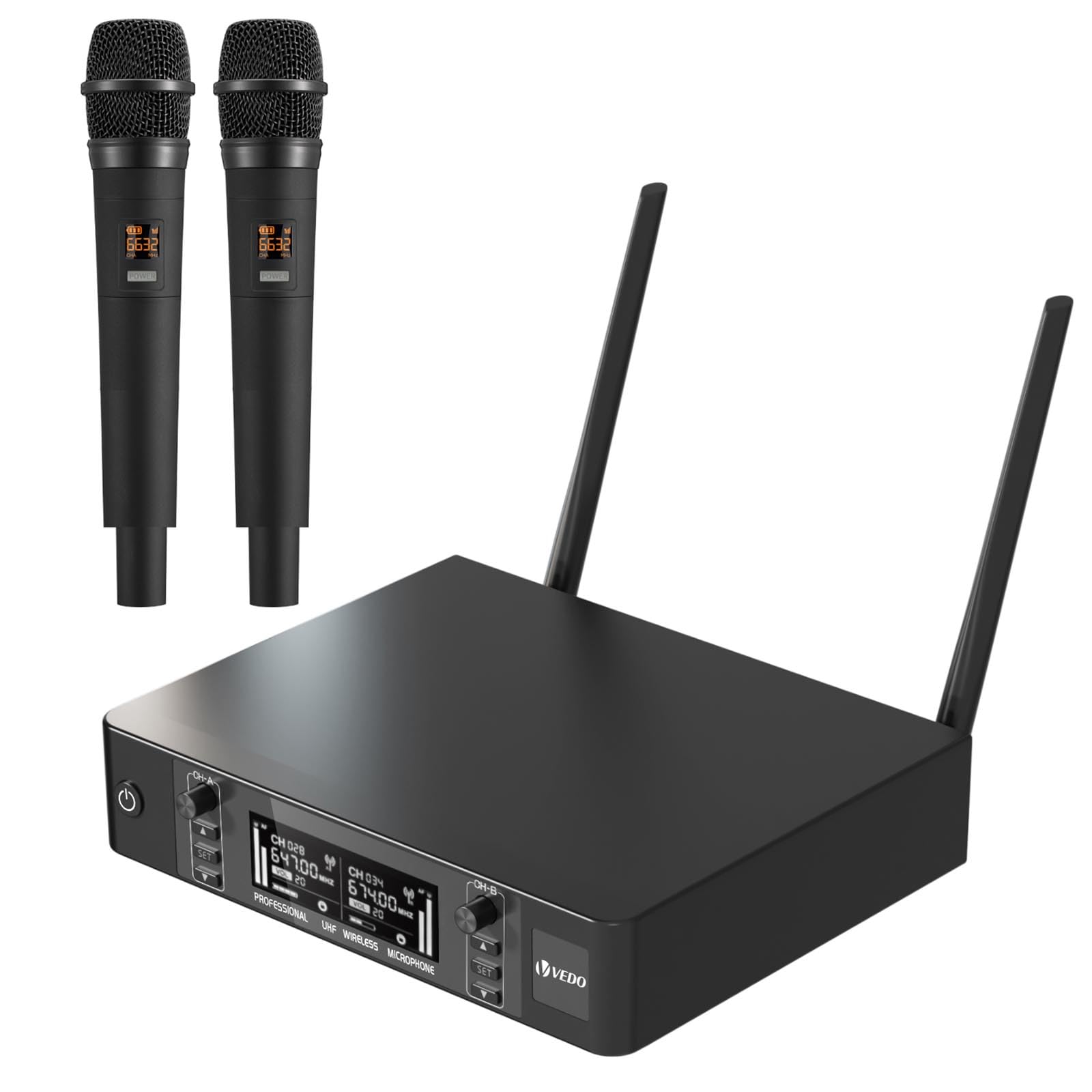 Sistema de microfone sem fio,inclui dois microfones de mão,2x100 canais de frequência UHF, além de contar com microfones dinâmicos adequados para apresentações vocais.