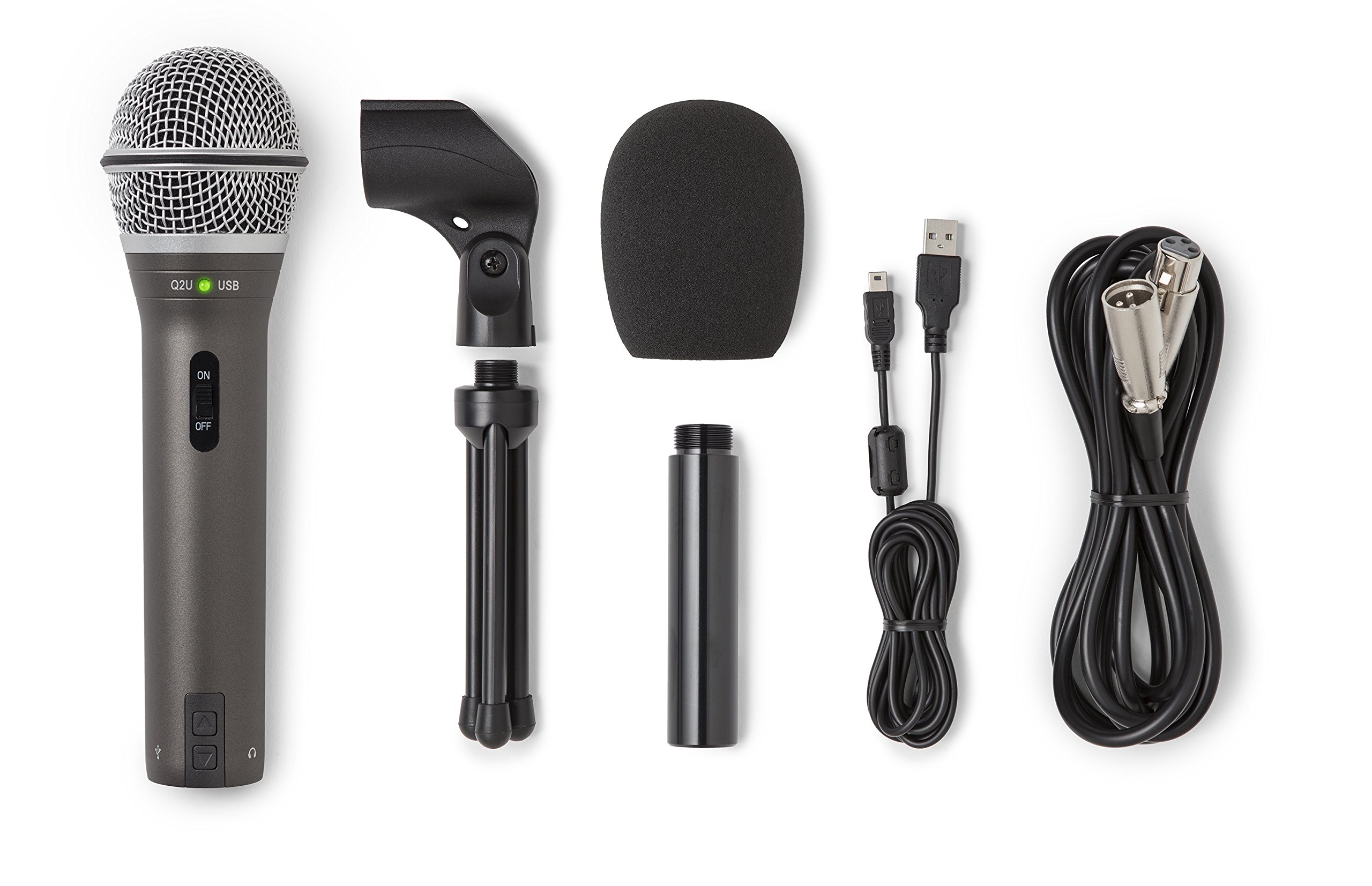 Microfone XLR/USB Dinâmico Cardioide com cachimbo, tripé de mesa, extensão de tripé, windscreen, cabo USB e cabo XLR Q2U Samson