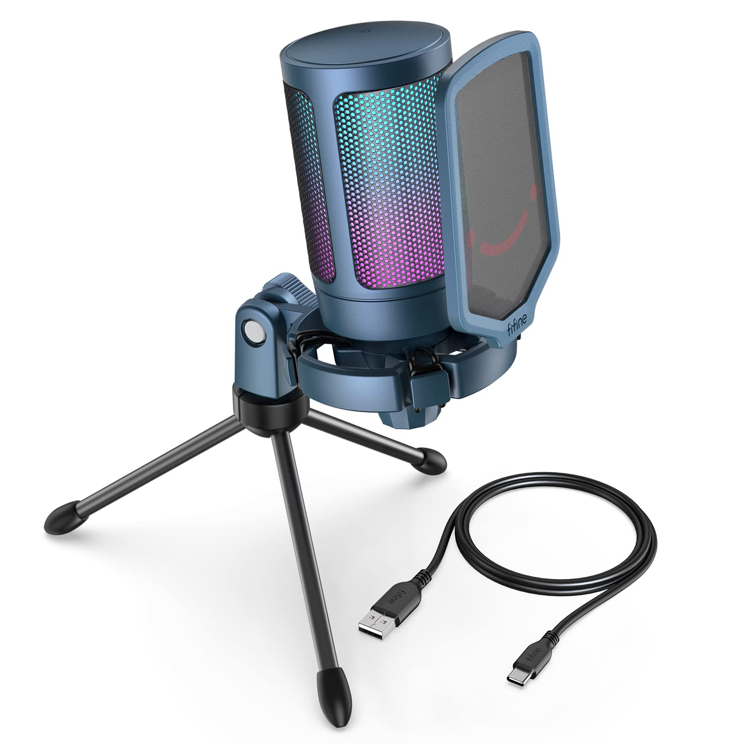 FIFINE Microfone USB para PC com streaming de jogos para Mac OS/Windows, microfone cardioide condensador com RGB para gravação de vídeo vocal Twitch Discord, computador gamer microfone azul-A6B | Mudo rápido, controle de ganho, suporte de tripé, filtro pop, captador cardioide, para PC/Mac Discord Twitch Podcasts YouTube