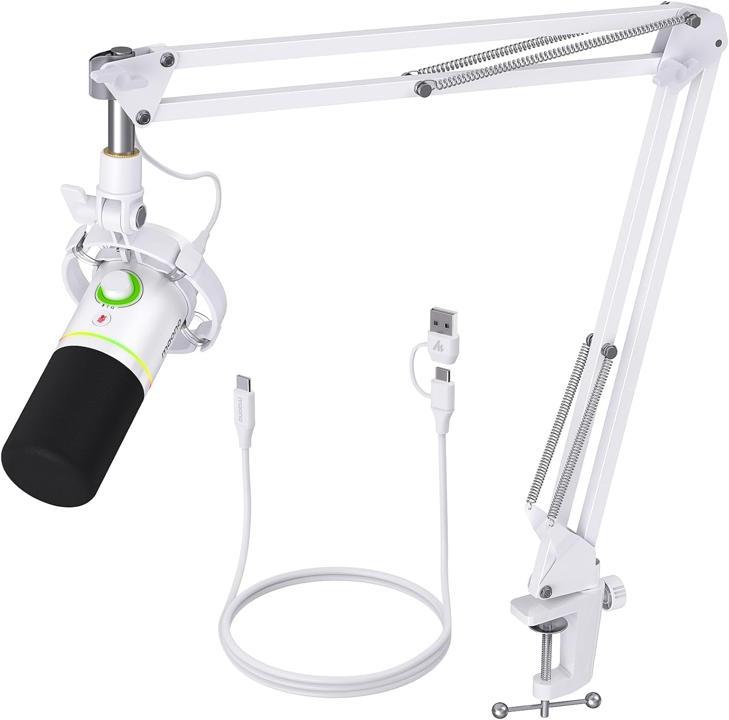 MAONO Kit de microfone dinâmico XLR/USB, microfone de podcast RGB com software, mudo, botão de ganho, controle de volume, braço para streaming, jogos, voz, gravação-PD200XS branco