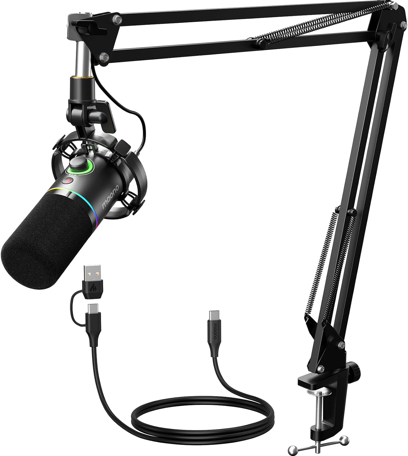 MAONO Kit de microfone dinâmico XLR/USB, microfone RGB Podcast com software, mudo, botão de ganho, controle de volume, braço boom para streaming, jogos, locução, gravação - PD200XS preto