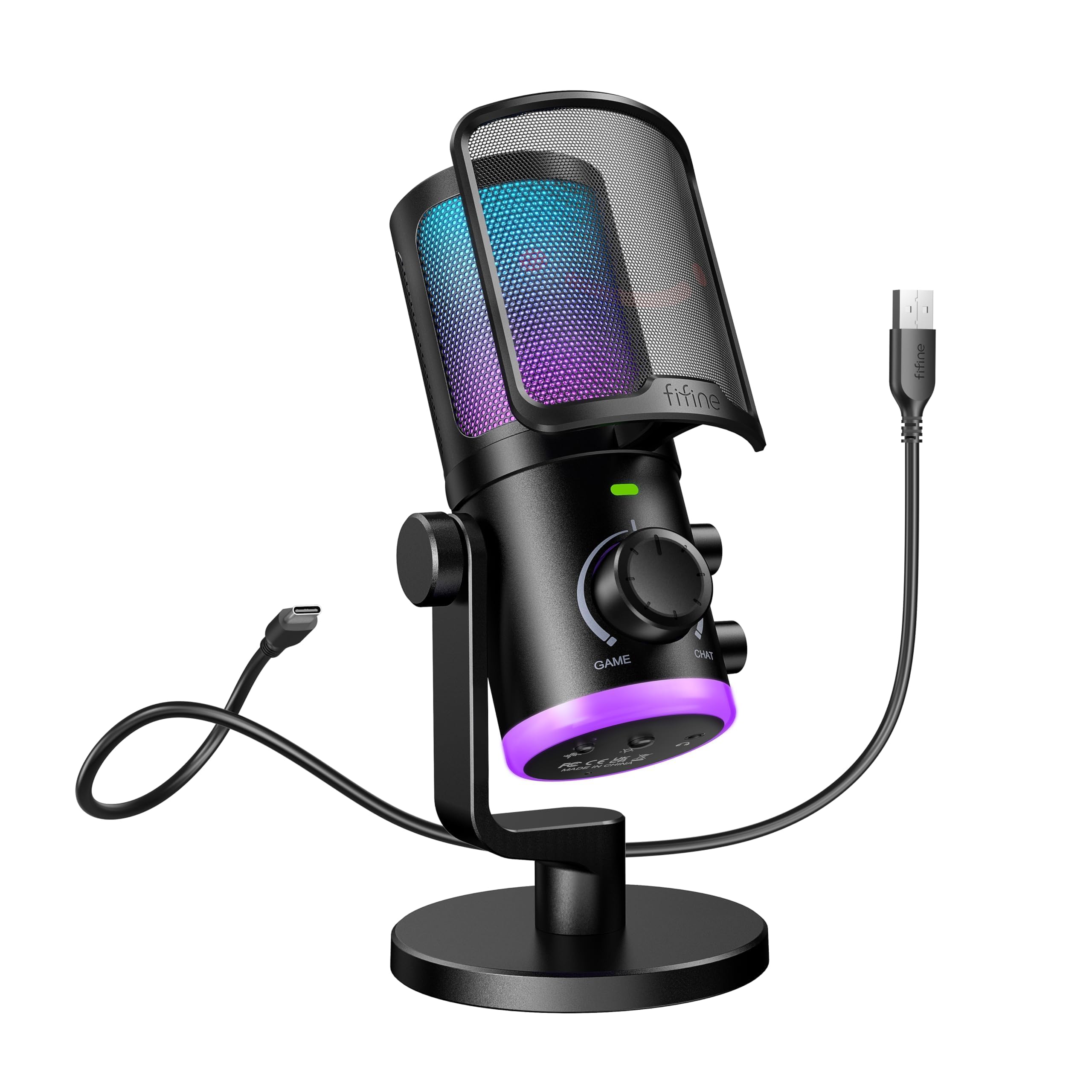 FIFINE Microfone de jogo PC, mic de streaming USB para podcast, chat de jogo, microfone de computador de mesa condensador com RGB, botão mudo, cancelamento de ruído para PS4/PS5/Twitch/Discord-AM6