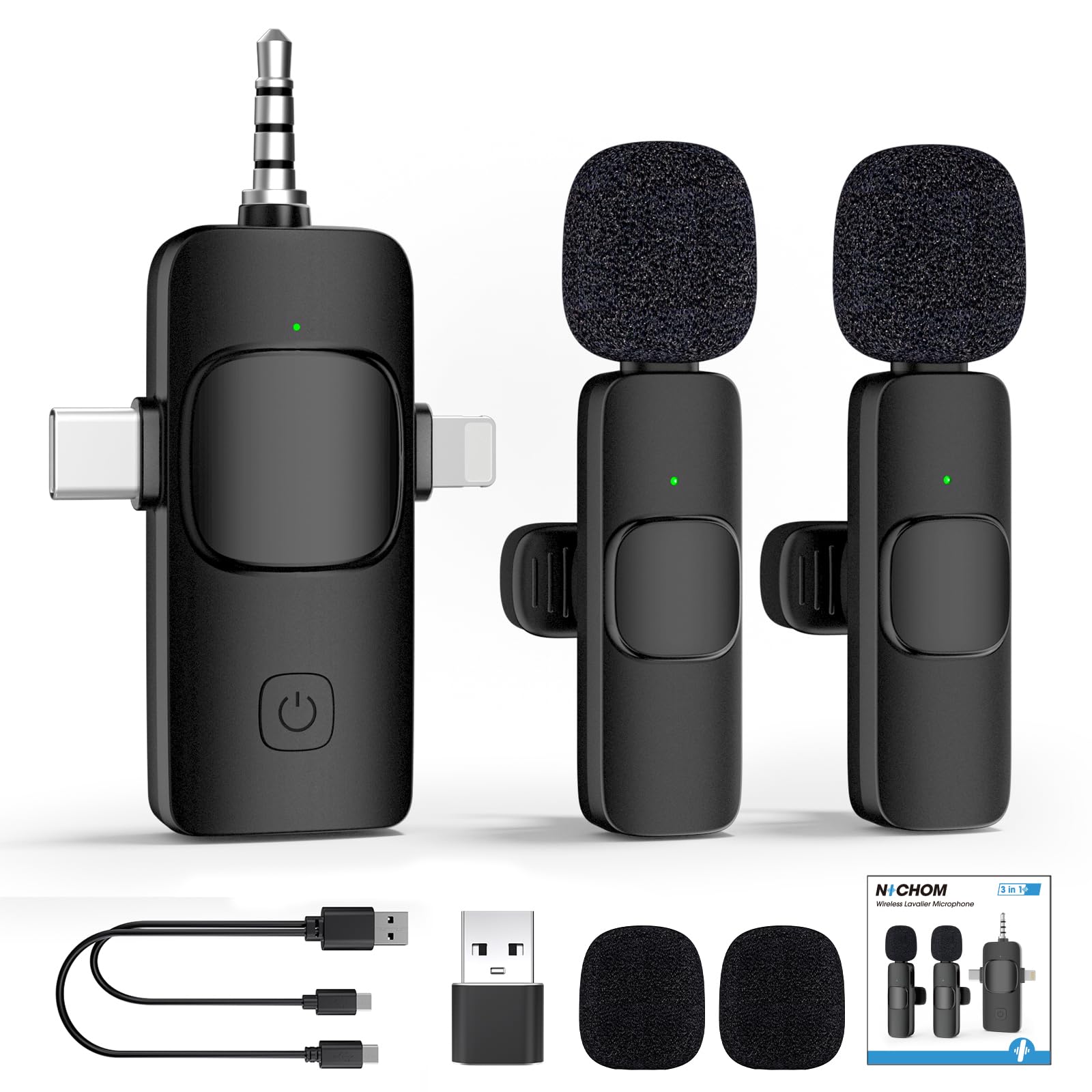 NICHOM Microfone sem fio 3 em 1 para iPhone, iPad, Android, câmera, mini microfones USB C, tempo de funcionamento de 12 horas, microfone de lapela para vlog, podcast, TikTok, YouTube, preto